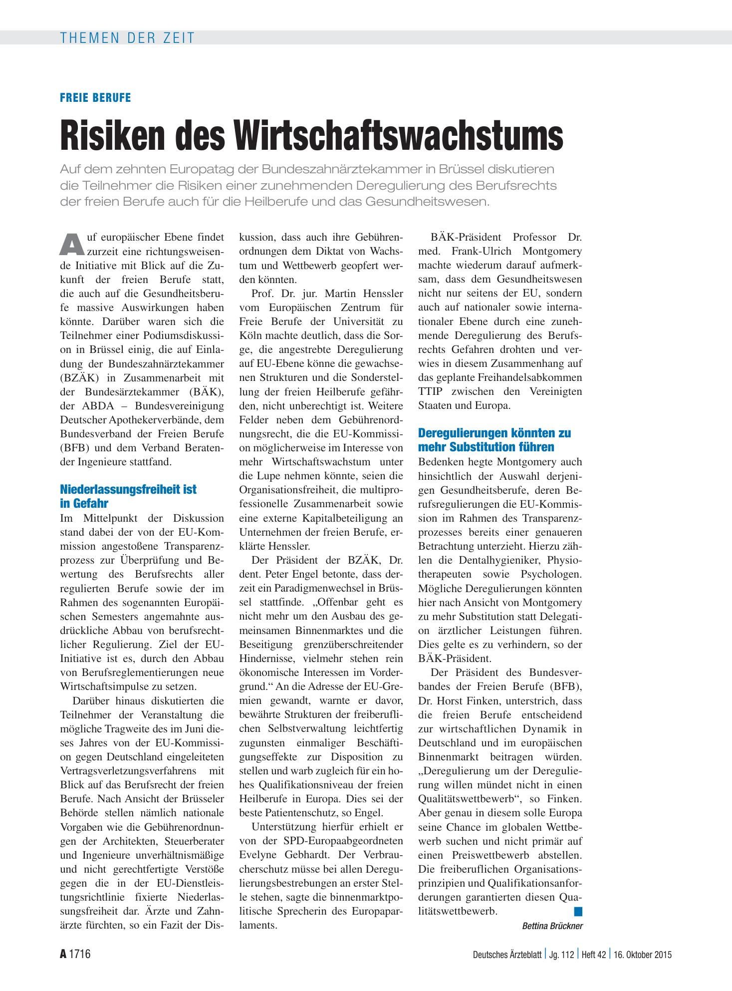 Vorschauseite 1: Freie Berufe: Risiken des Wirtschaftswachstums – Deutsches Ärzteblatt