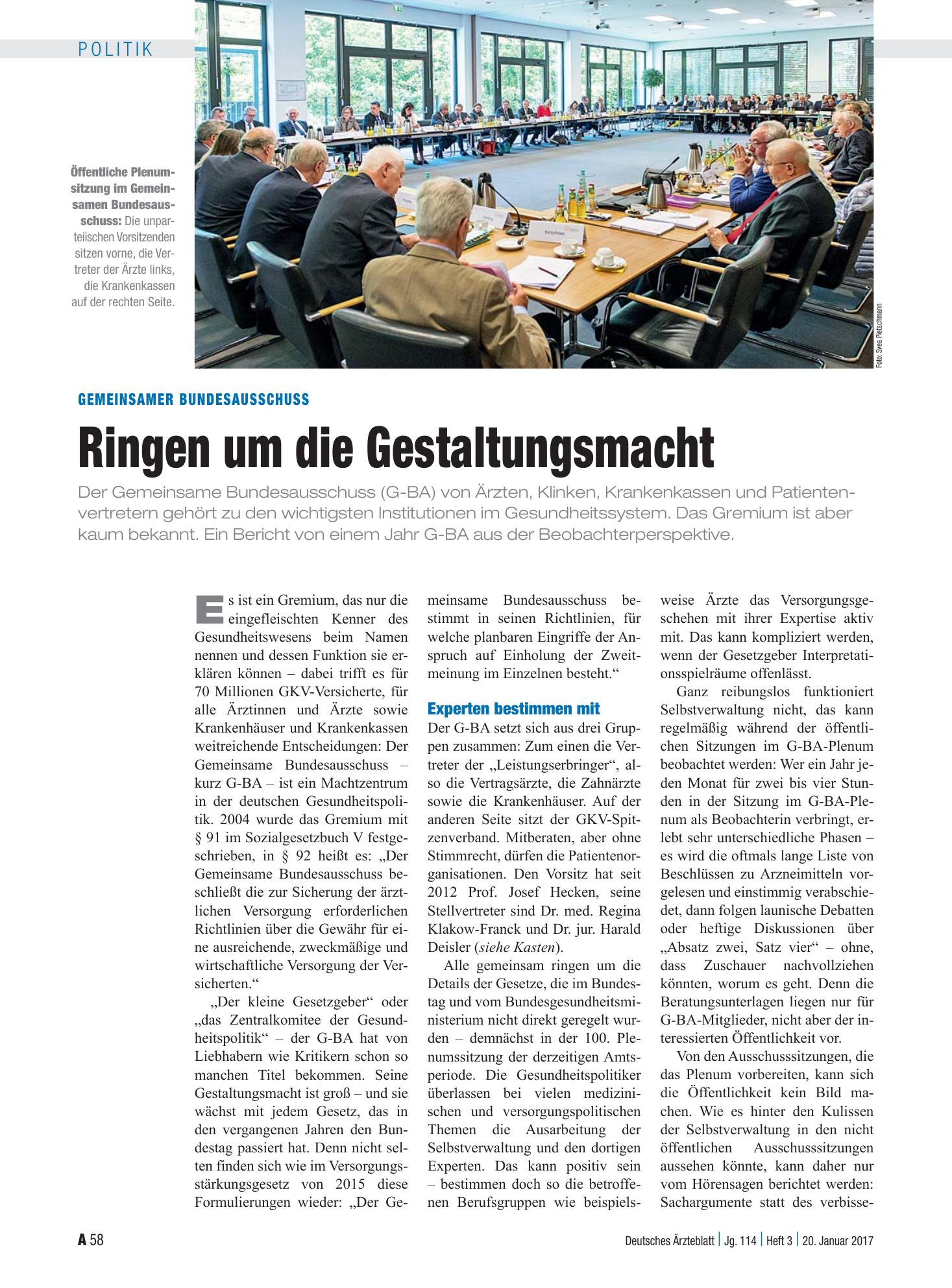 Vorschauseite 1: Gemeinsamer Bundesausschuss: Ringen um die Gestaltungsmacht – Deutsches Ärzteblatt