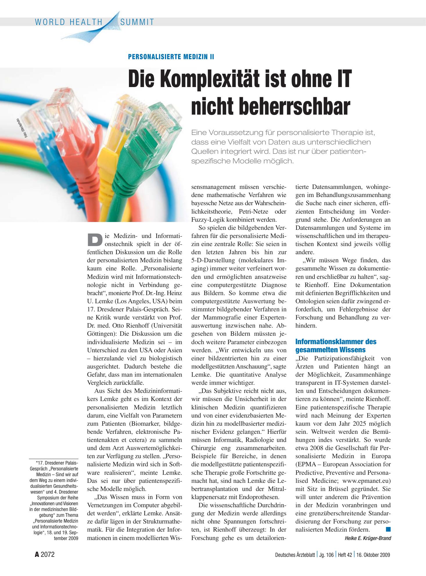 Vorschauseite 1: Personalisierte Medizin II: Die Komplexität ist ohne IT nicht beherrschbar – Deutsches Ärzteblatt
