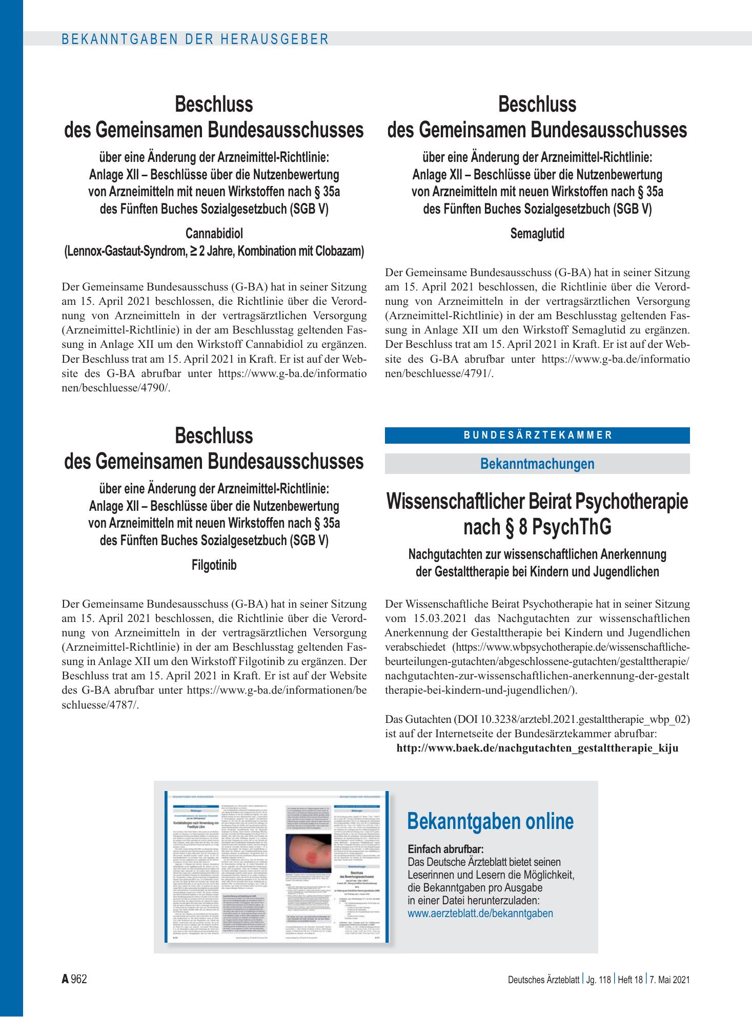 Vorschauseite 1: Bekanntgaben online – Deutsches Ärzteblatt