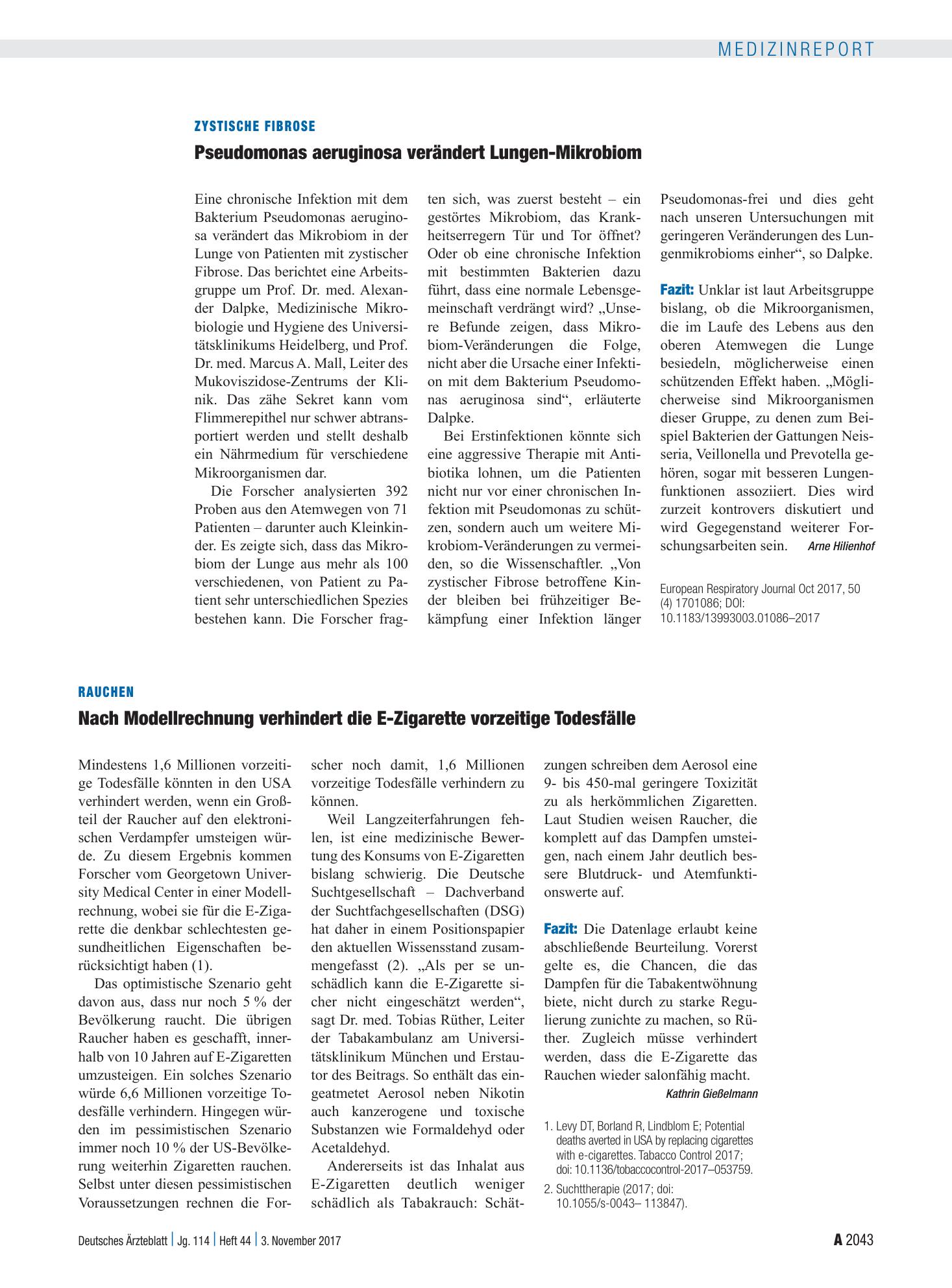 Vorschauseite 1: Rauchen: Nach Modellrechnung verhindert die E-Zigarette vorzeitige Todesfälle – Deutsches Ärzteblatt