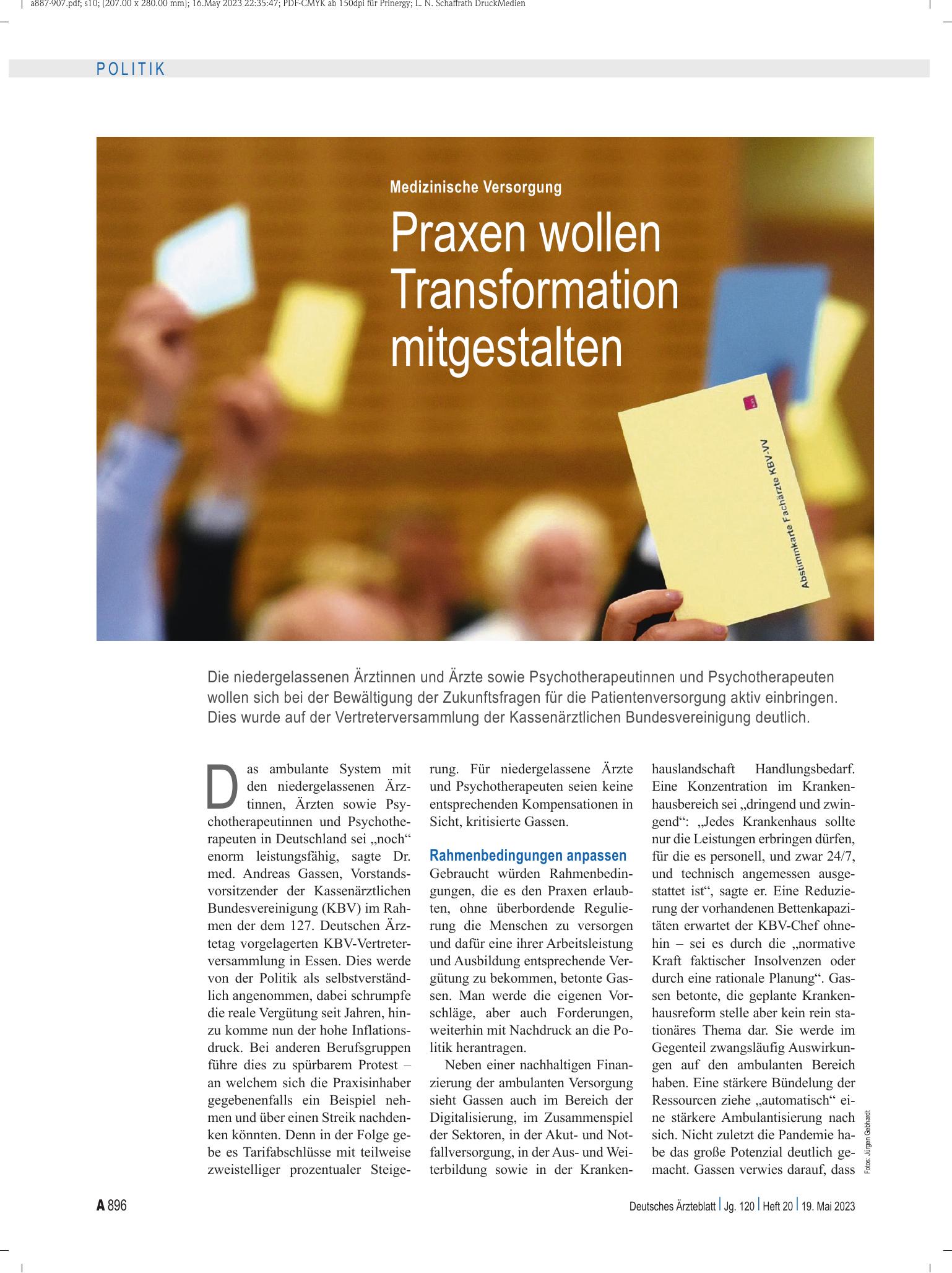 Vorschauseite 1: Medizinische Versorgung: Praxen wollen Transformation mitgestalten – Deutsches Ärzteblatt