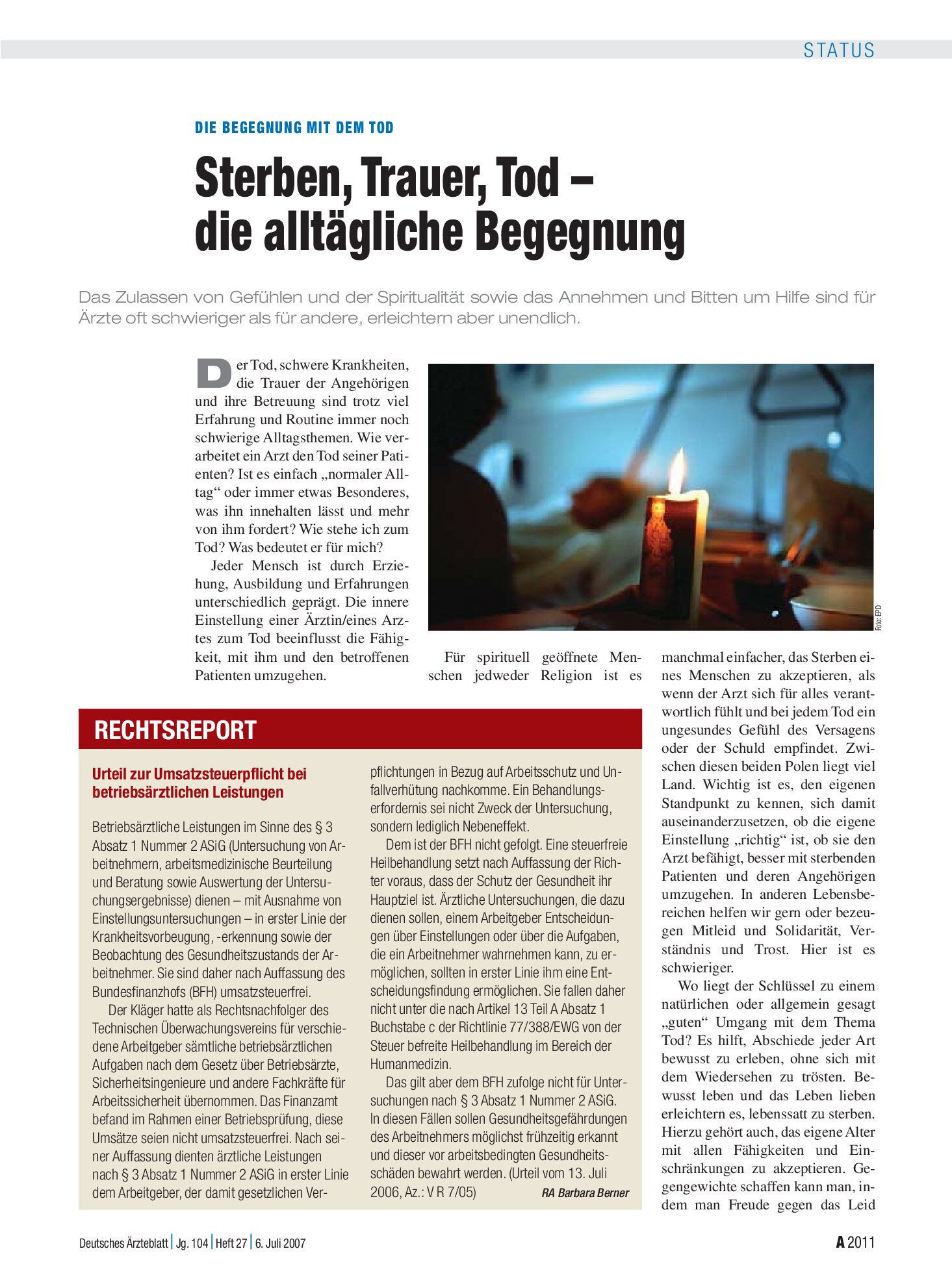 Vorschauseite 1: Urteil zur Umsatzsteuerpflicht bei betriebsärztlichen Leistungen – Deutsches Ärzteblatt