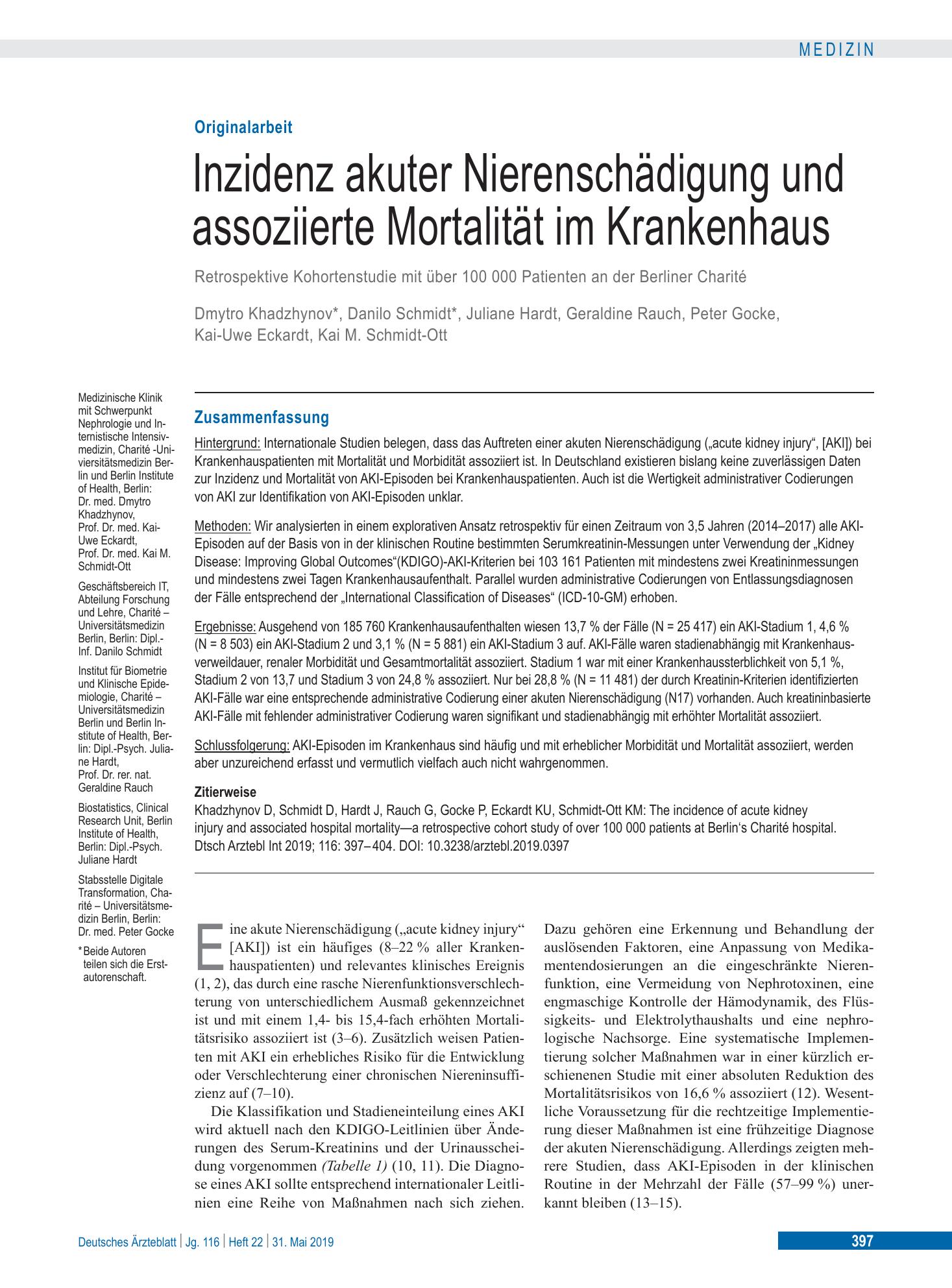 Vorschauseite 1: Inzidenz akuter Nierenschädigung und assoziierte Mortalität im Krankenhaus – Deutsches Ärzteblatt