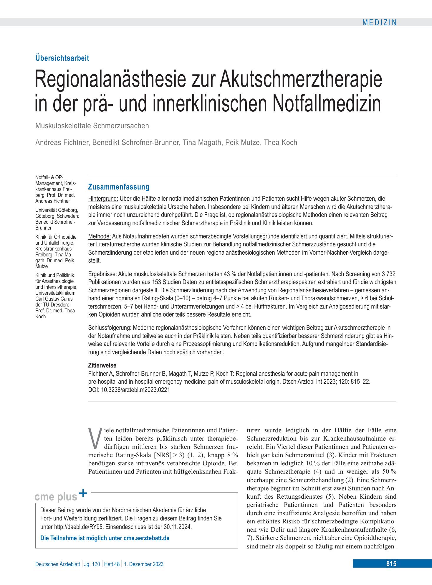 Vorschauseite 1: Regionalanästhesie zur Akutschmerztherapie in der prä- und innerklinischen Notfallmedizin – Deutsches Ärzteblatt