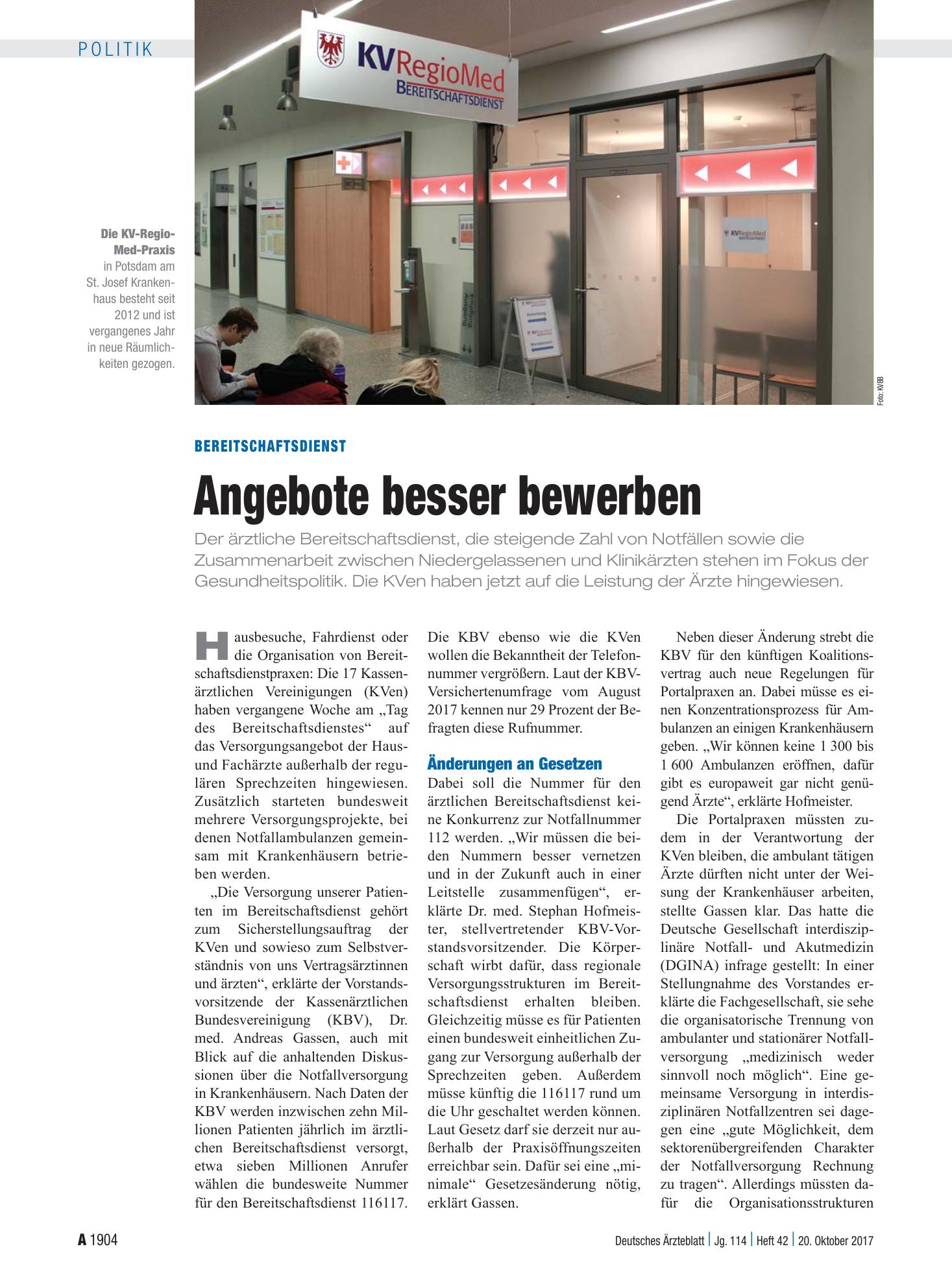 Vorschauseite 1: Bereitschaftsdienst: Angebote besser bewerben – Deutsches Ärzteblatt