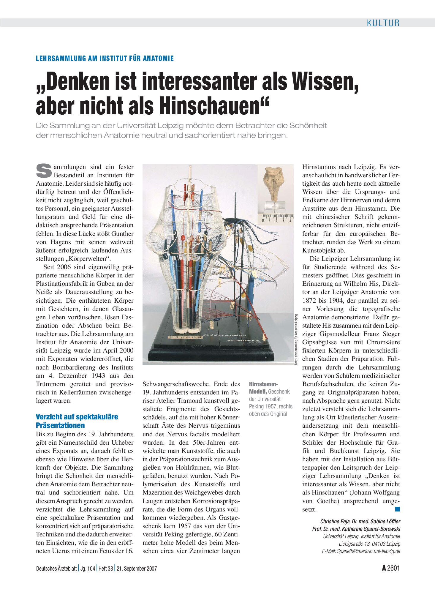 Vorschauseite 1: Lehrsammlung am Institut für Anatomie: „Denken ist interessanter als Wissen, aber nicht als Hinschauen“ – Deutsches Ärzteblatt