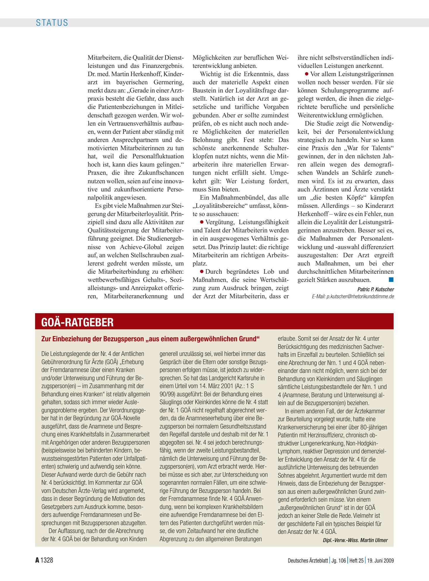 Vorschauseite 1: Zur Einbeziehung der Bezugsperson „aus einem außergewöhnlichen Grund“ – Deutsches Ärzteblatt