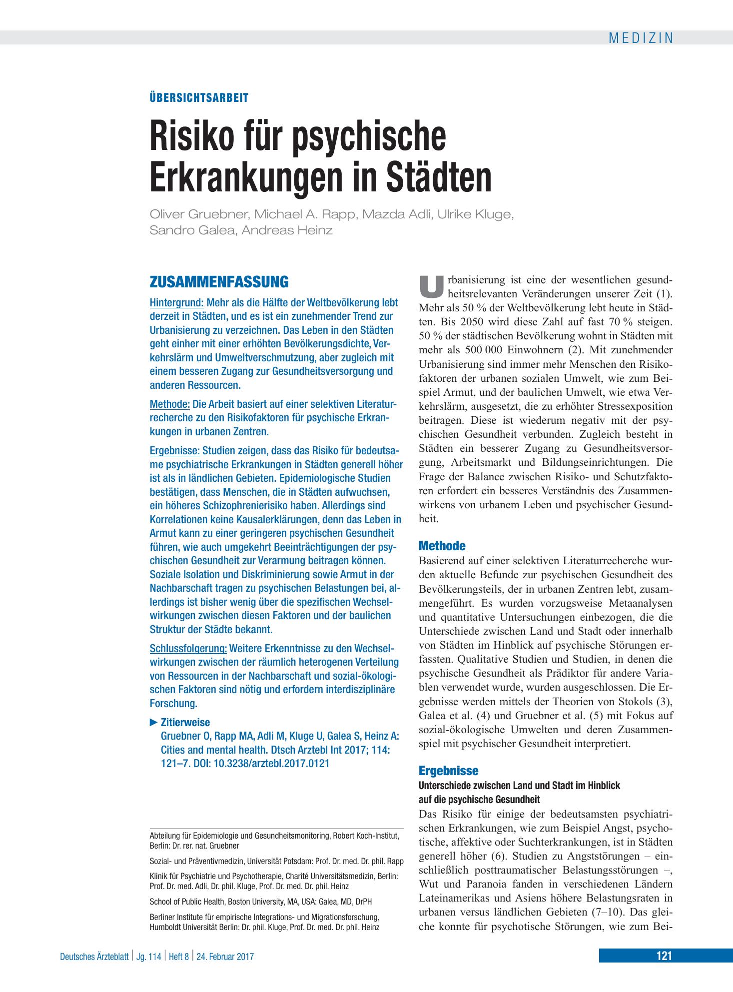 Vorschauseite 1: Risiko für psychische Erkrankungen in Städten – Deutsches Ärzteblatt