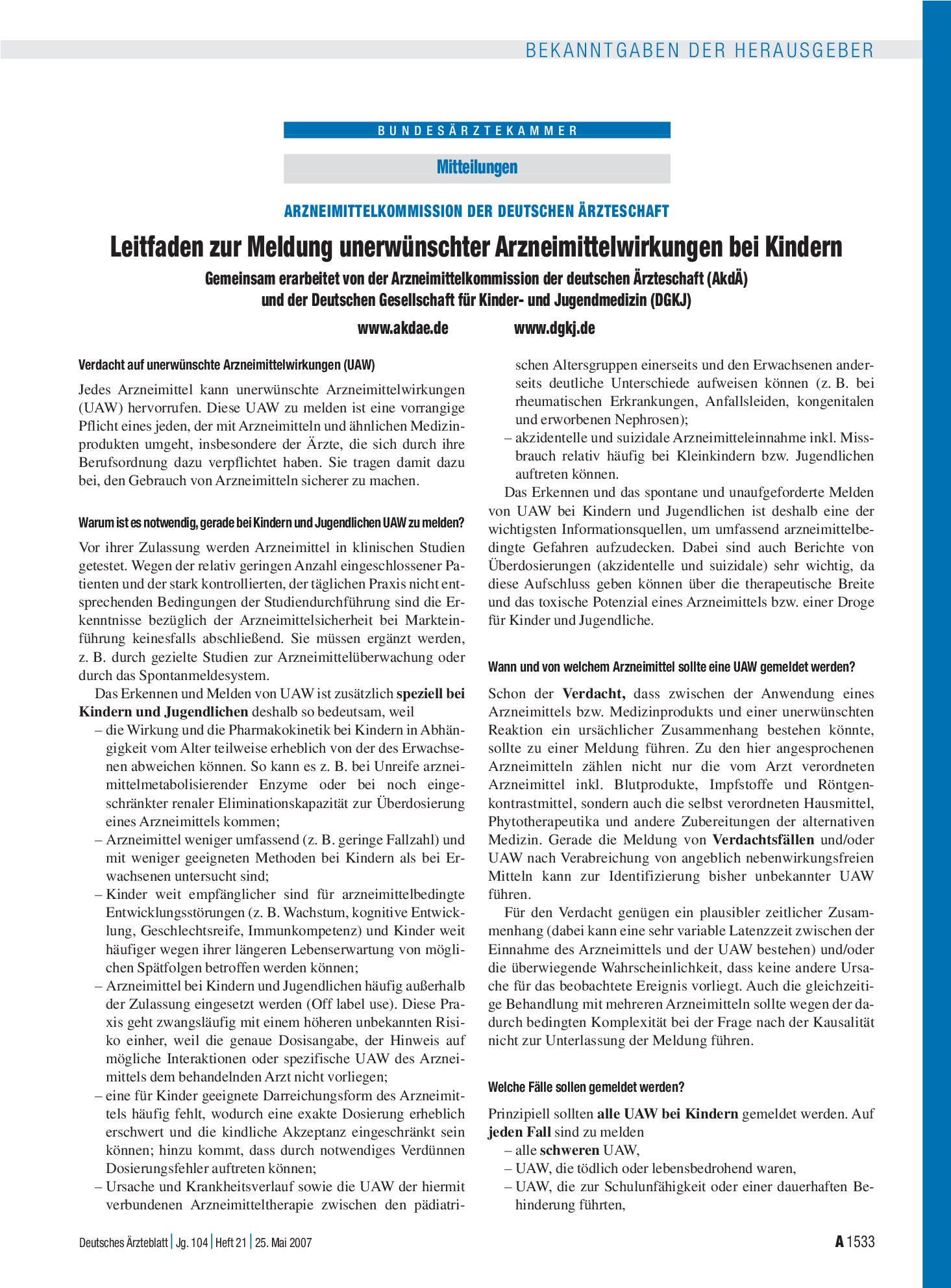 Vorschauseite 1: Leitfaden zur Meldung unerwünschter Arzneimittelwirkungen bei Kindern – Deutsches Ärzteblatt