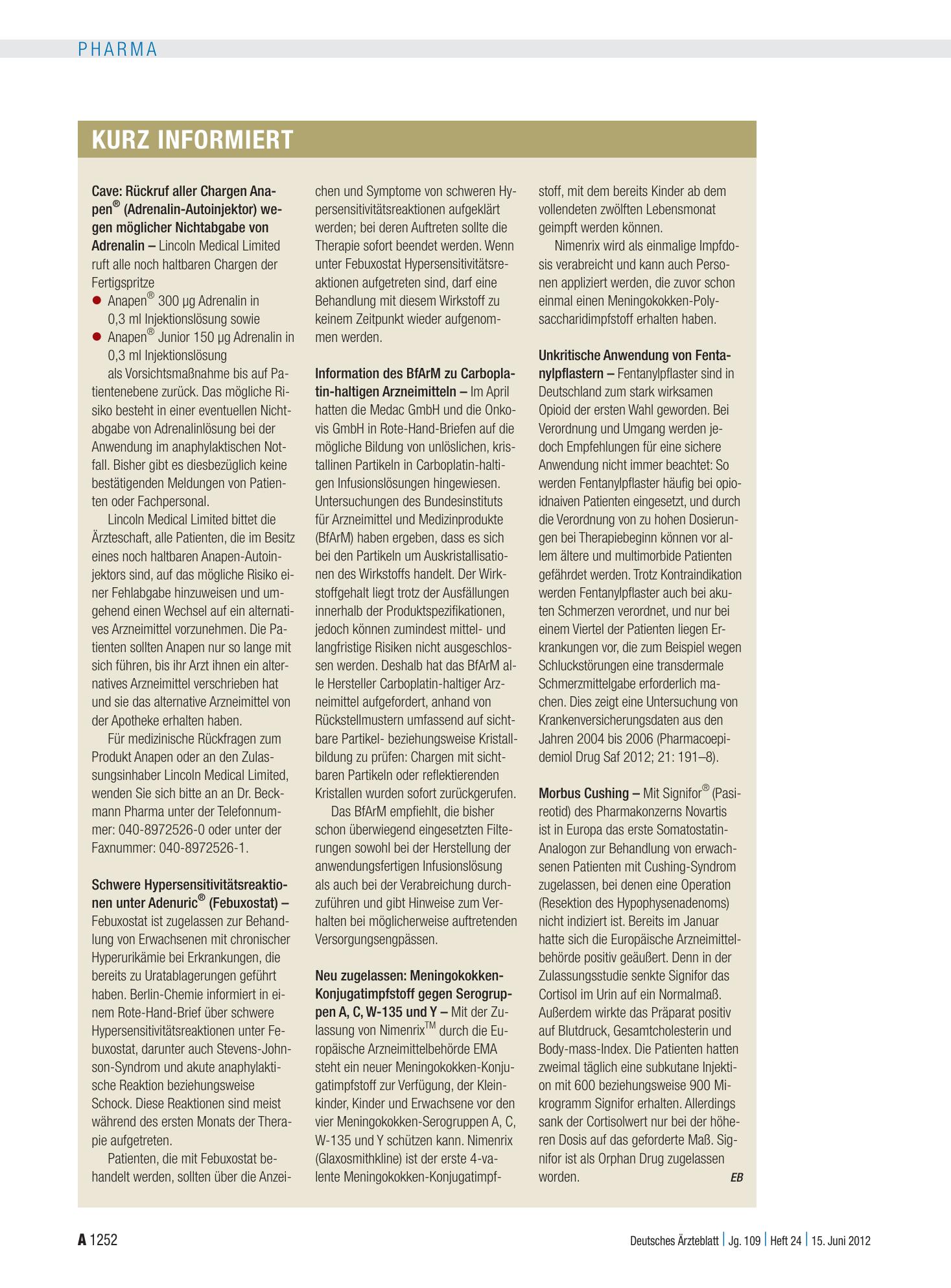 Vorschauseite 1: Kurz informiert – Deutsches Ärzteblatt
