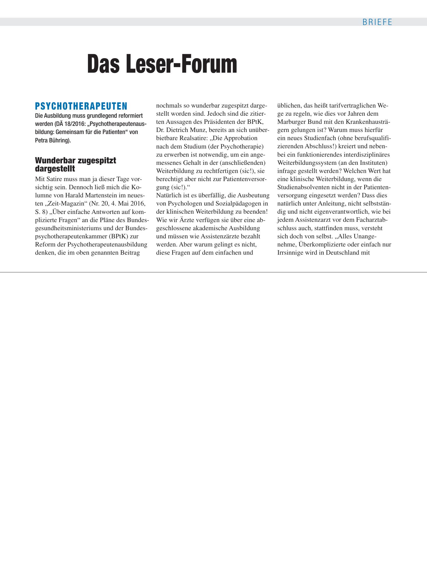 Vorschauseite 1: Psychotherapeuten: Wunderbar zugespitzt dargestellt – Deutsches Ärzteblatt