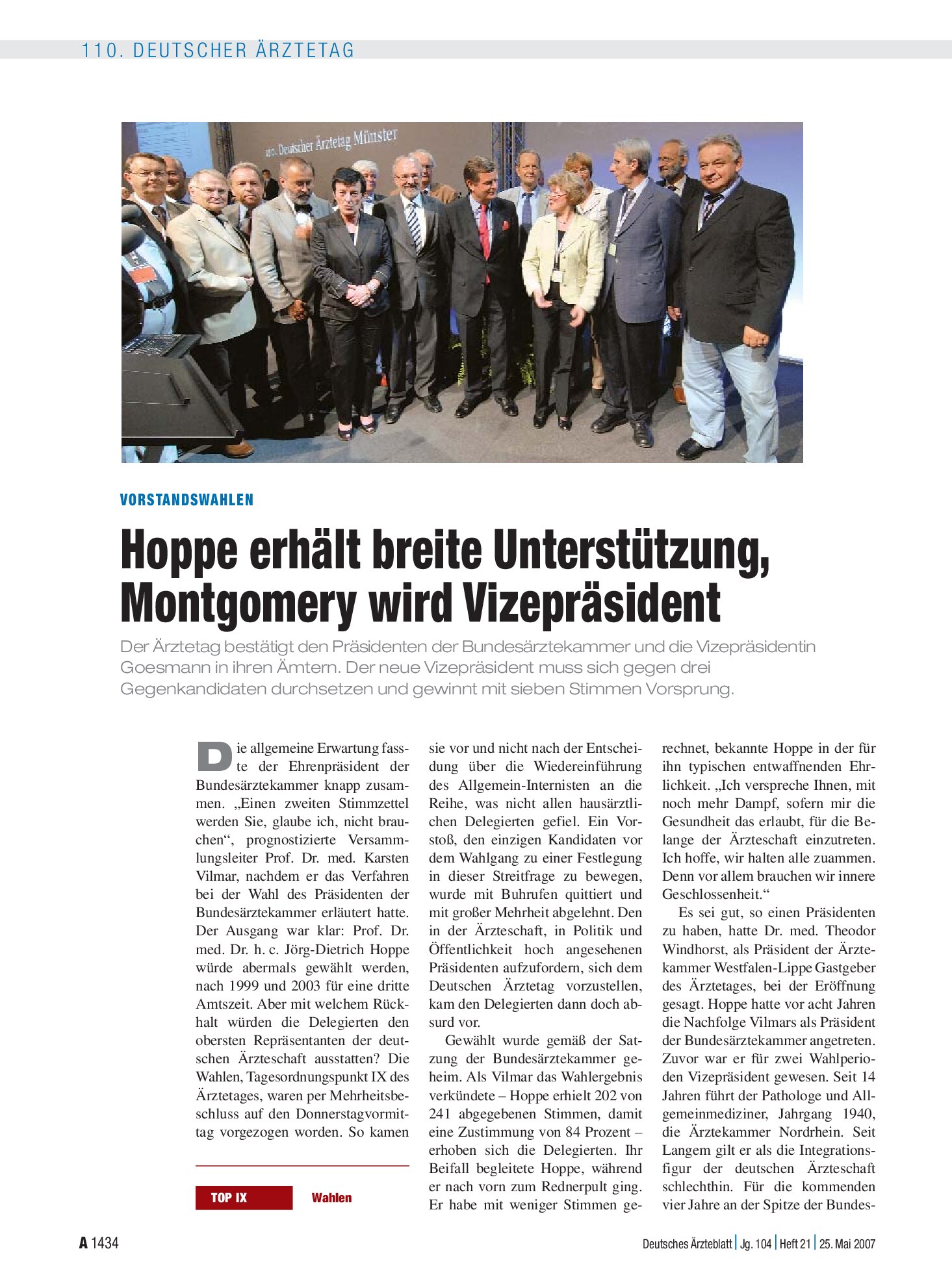 Vorschauseite 1: Vorstandswahlen: Hoppe erhält breite Unterstützung, Montgomery wird Vizepräsident – Deutsches Ärzteblatt