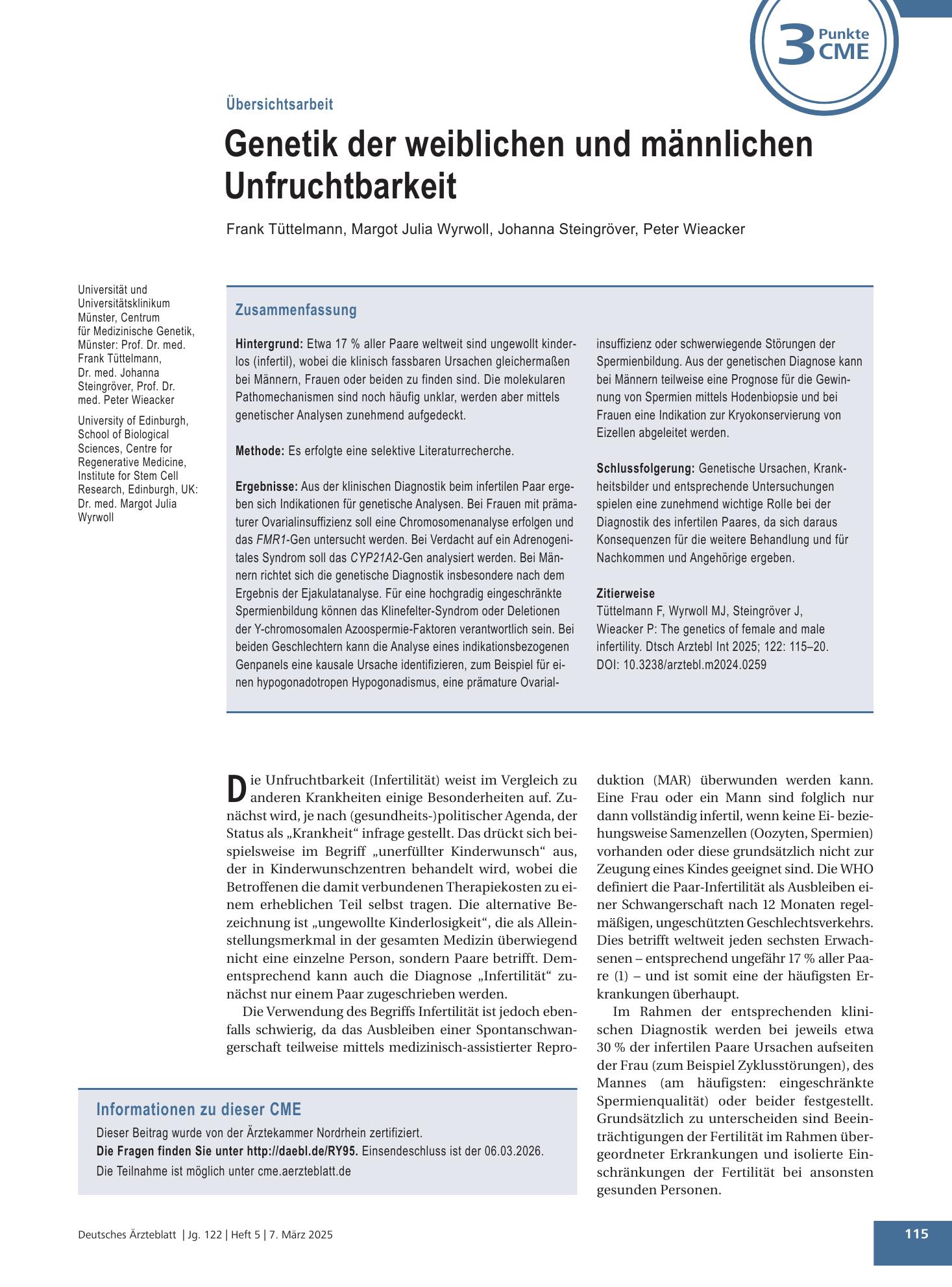 Vorschauseite 1: Genetik der weiblichen und männlichen Unfruchtbarkeit – Deutsches Ärzteblatt