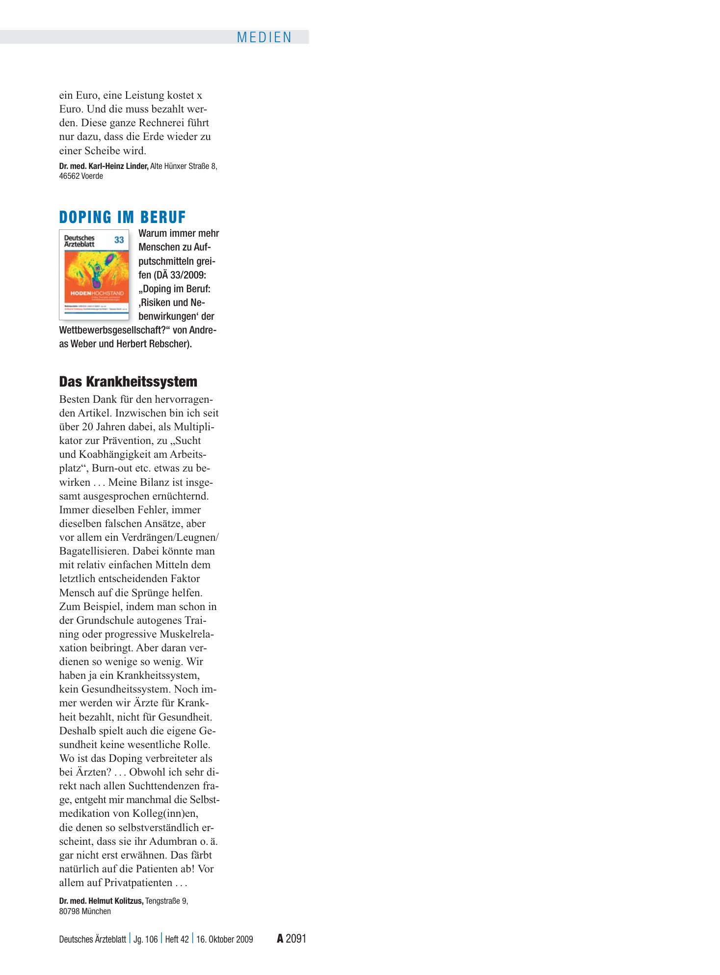 Vorschauseite 1: Doping im Beruf: Das Krankheitssystem – Deutsches Ärzteblatt