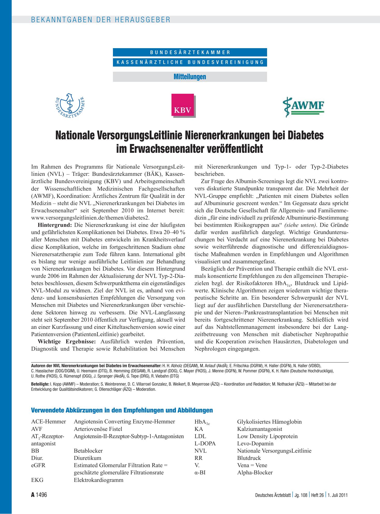 Vorschauseite 1: Nationale VersorgungsLeitlinie Nierenerkrankungen bei Diabetes im Erwachsenenalter veröffentlicht – Deutsches Ärzteblatt