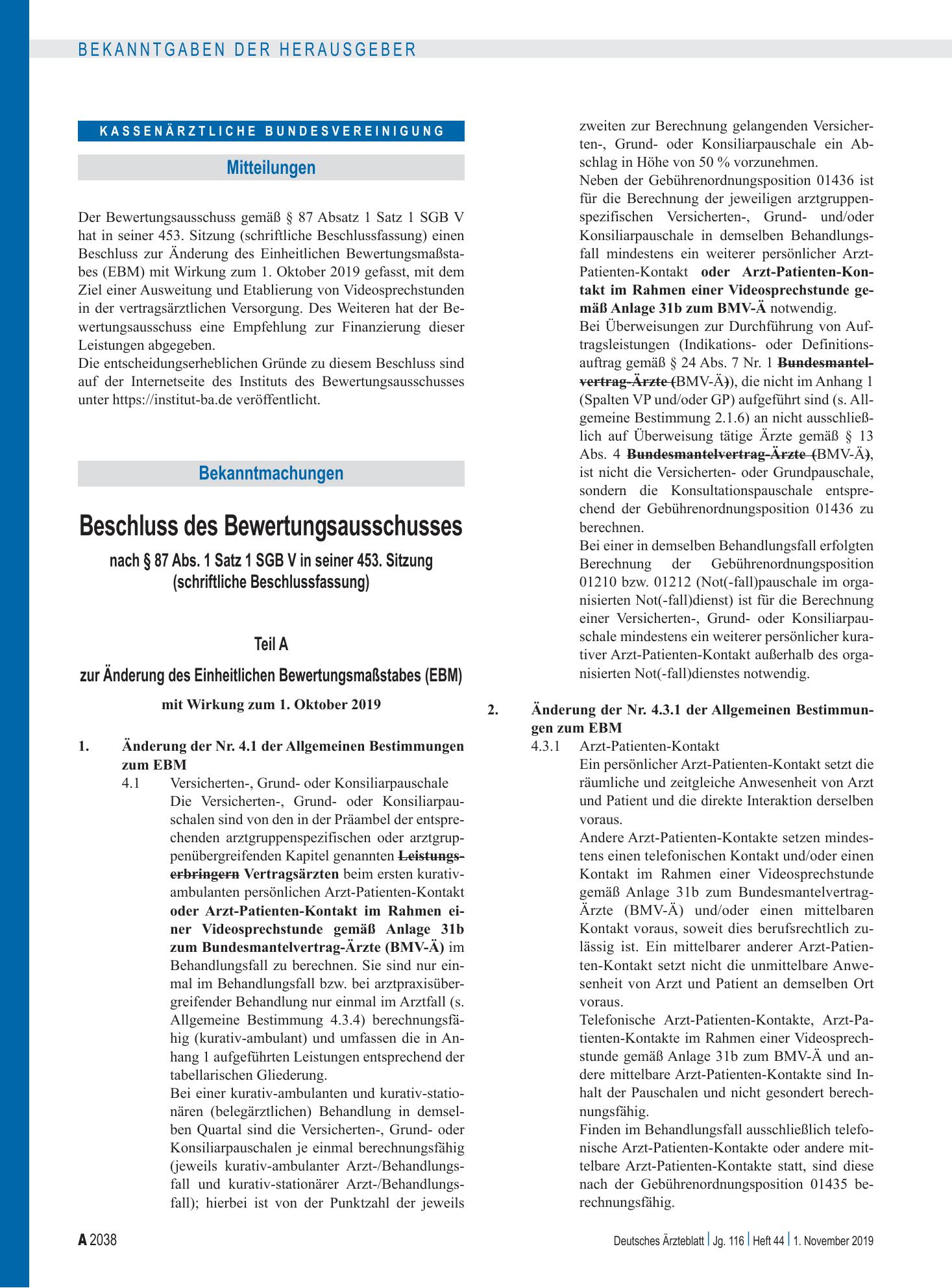 Vorschauseite 1: Beschluss des Bewertungsausschusses nach § 87 Abs. 1 Satz 1 SGB V in seiner 453. Sitzung (schriftliche Beschlussfassung): Teil A, Teil B – Deutsches Ärzteblatt