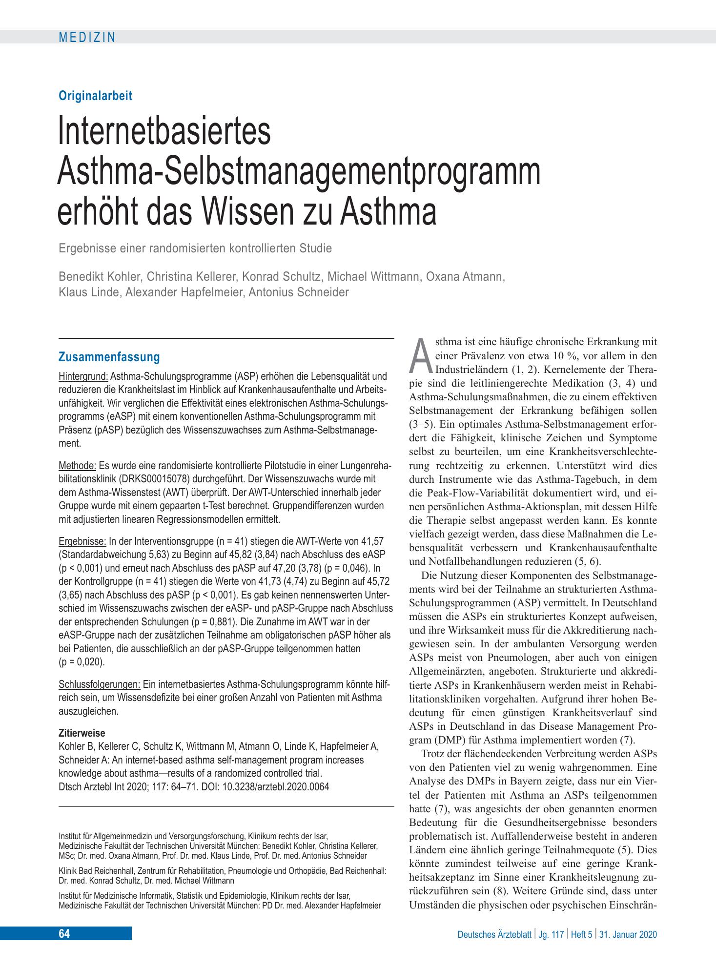 Vorschauseite 1: Internetbasiertes Asthma-Selbstmanagementprogramm erhöht das Wissen zu Asthma – Deutsches Ärzteblatt