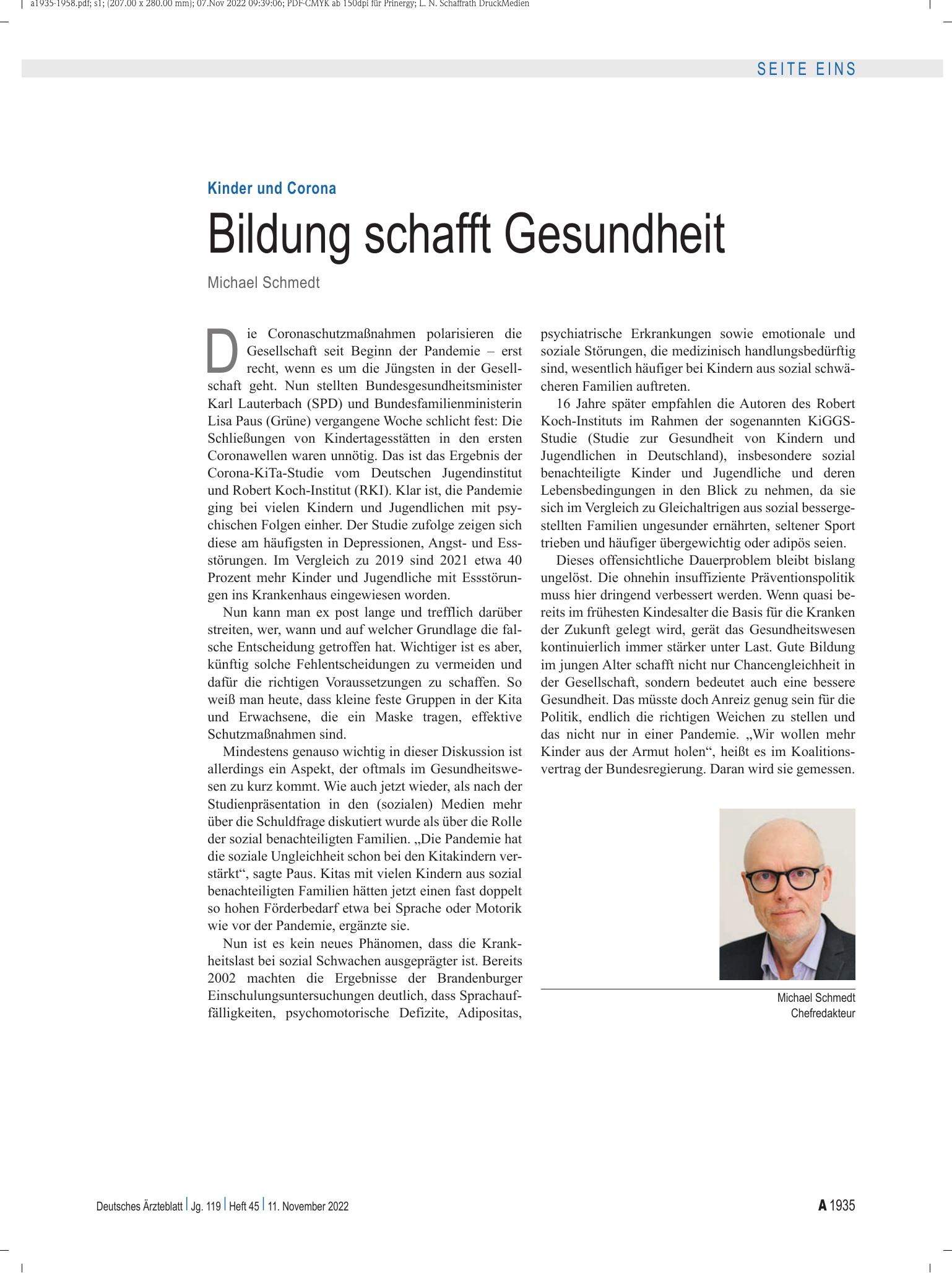 Vorschauseite 1: Kinder und Corona: Bildung schafft Gesundheit – Deutsches Ärzteblatt