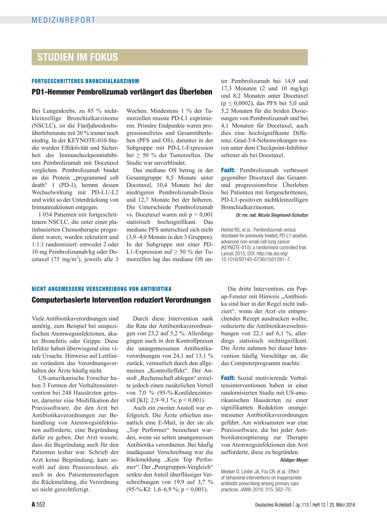 Vorschauseite 1: Nicht angemessene Verschreibung von Antibiotika: Computerbasierte Intervention reduziert Verordnungen – Deutsches Ärzteblatt