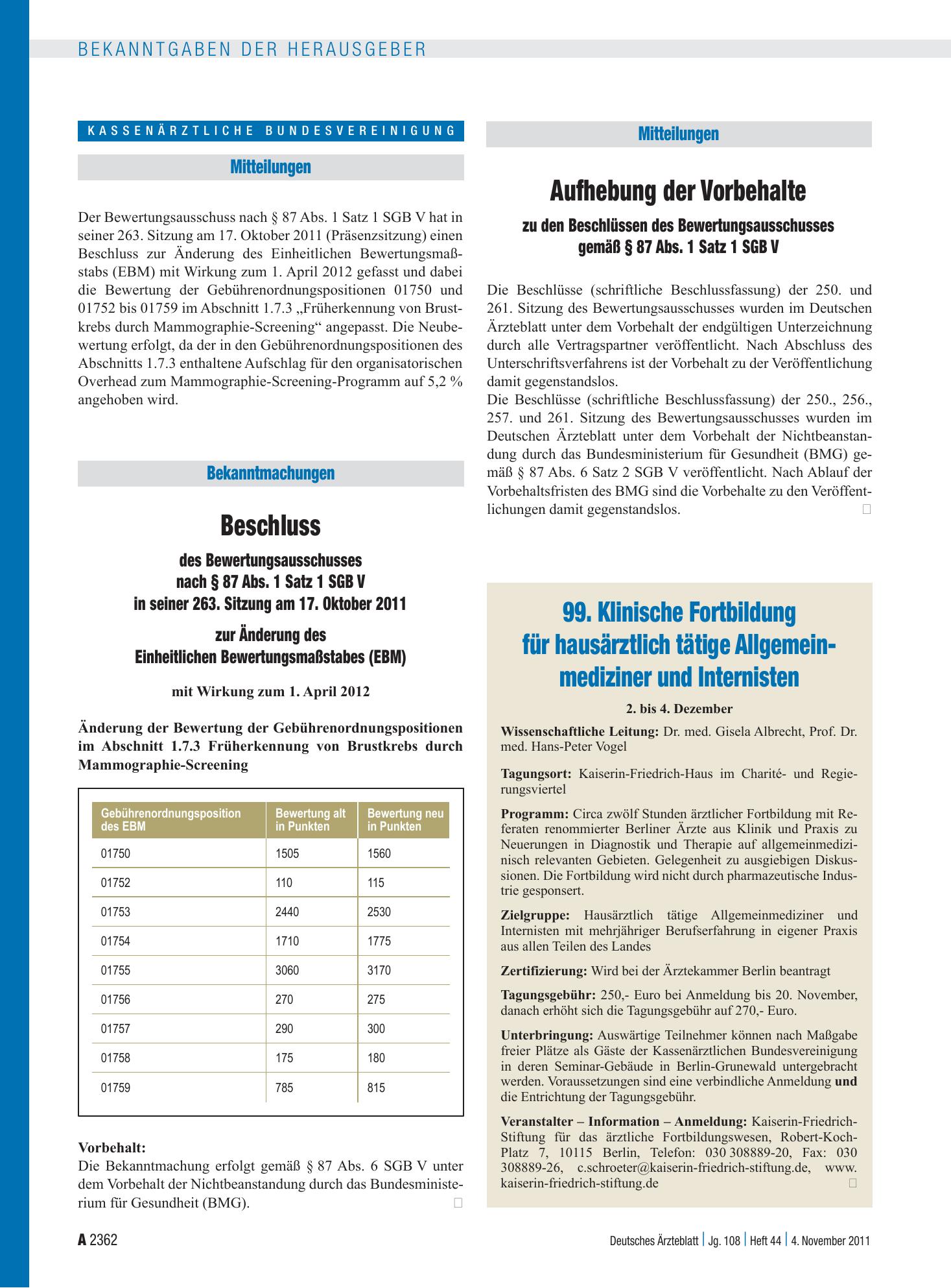 Vorschauseite 1: Aufhebung der Vorbehalte zu den Beschlüssen des Bewertungsausschusses gemäß § 87 Abs. 1 Satz 1 SGB V – Deutsches Ärzteblatt