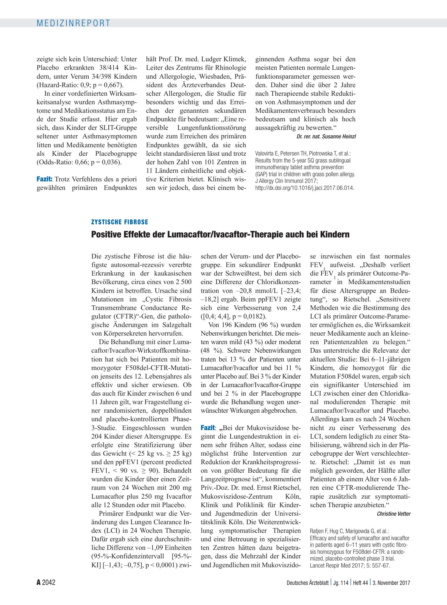 Vorschauseite 1: Zystische Fibrose: Positive Effekte der Lumacaftor/Ivacaftor-Therapie auch bei Kindern – Deutsches Ärzteblatt