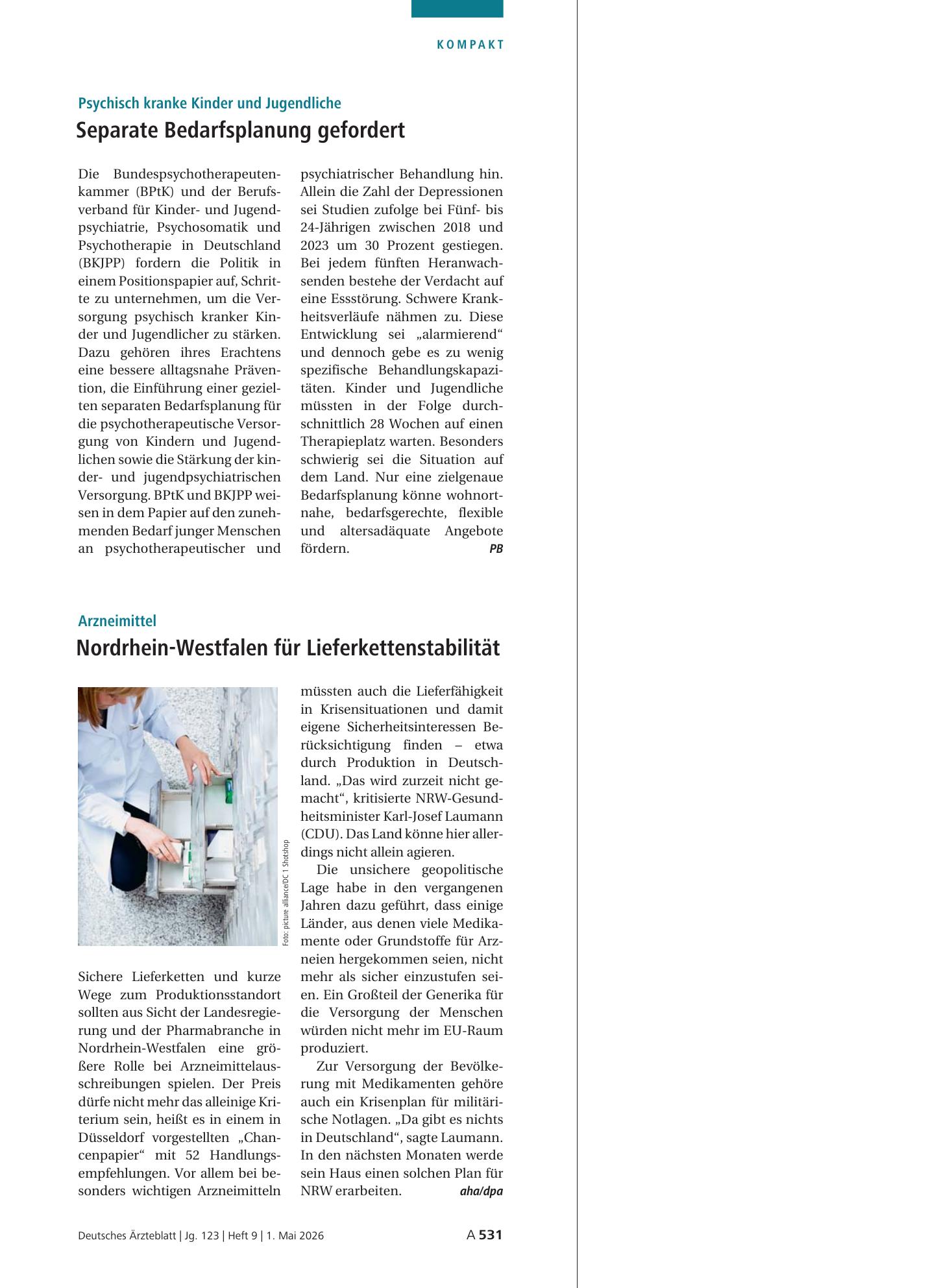 Vorschauseite 1: Psychisch kranke Kinder und Jugendliche: Separate Bedarfsplanung gefordert – Deutsches Ärzteblatt