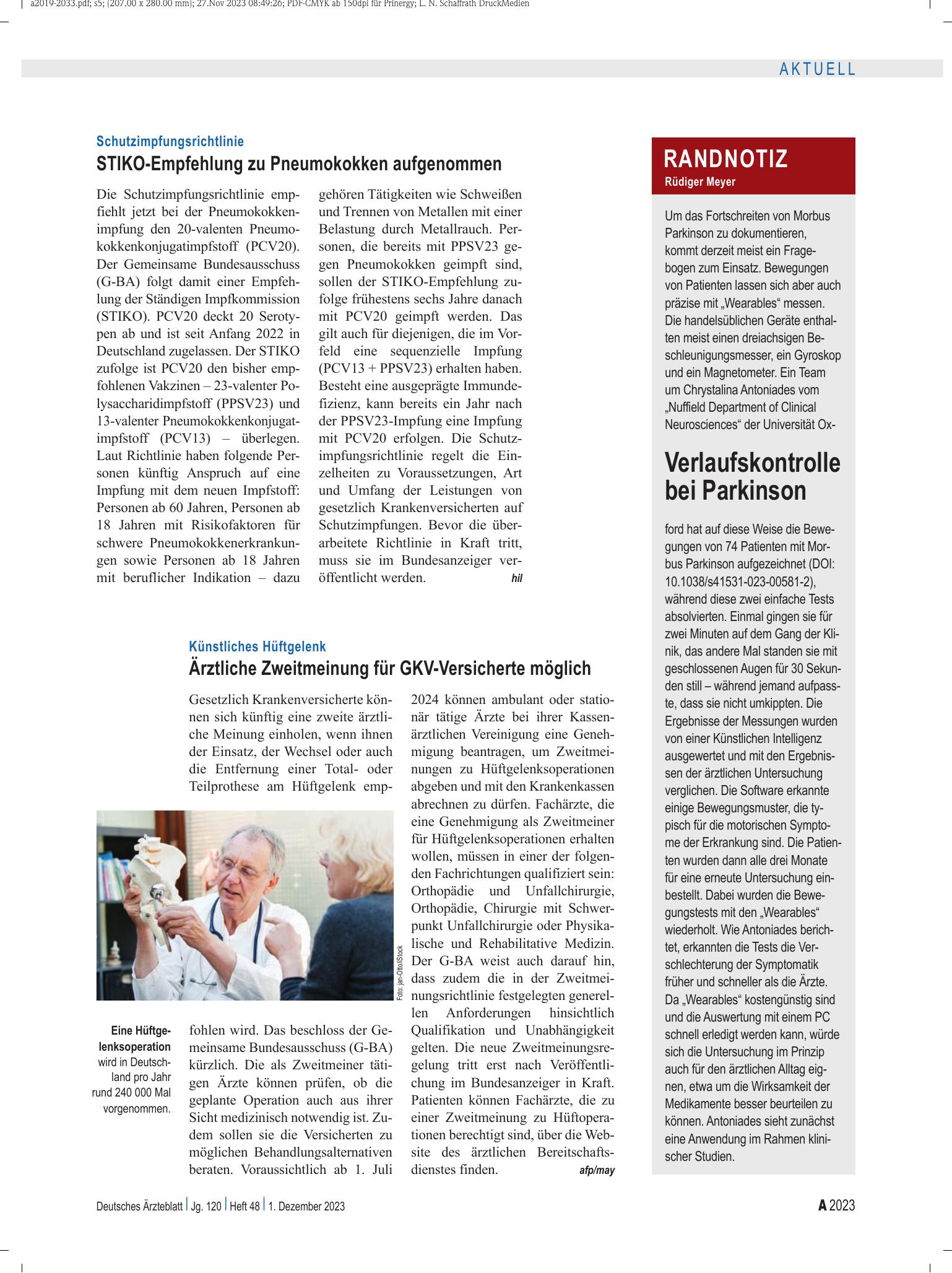Vorschauseite 1: Randnotiz: Verlaufskontrolle bei Parkinson – Deutsches Ärzteblatt