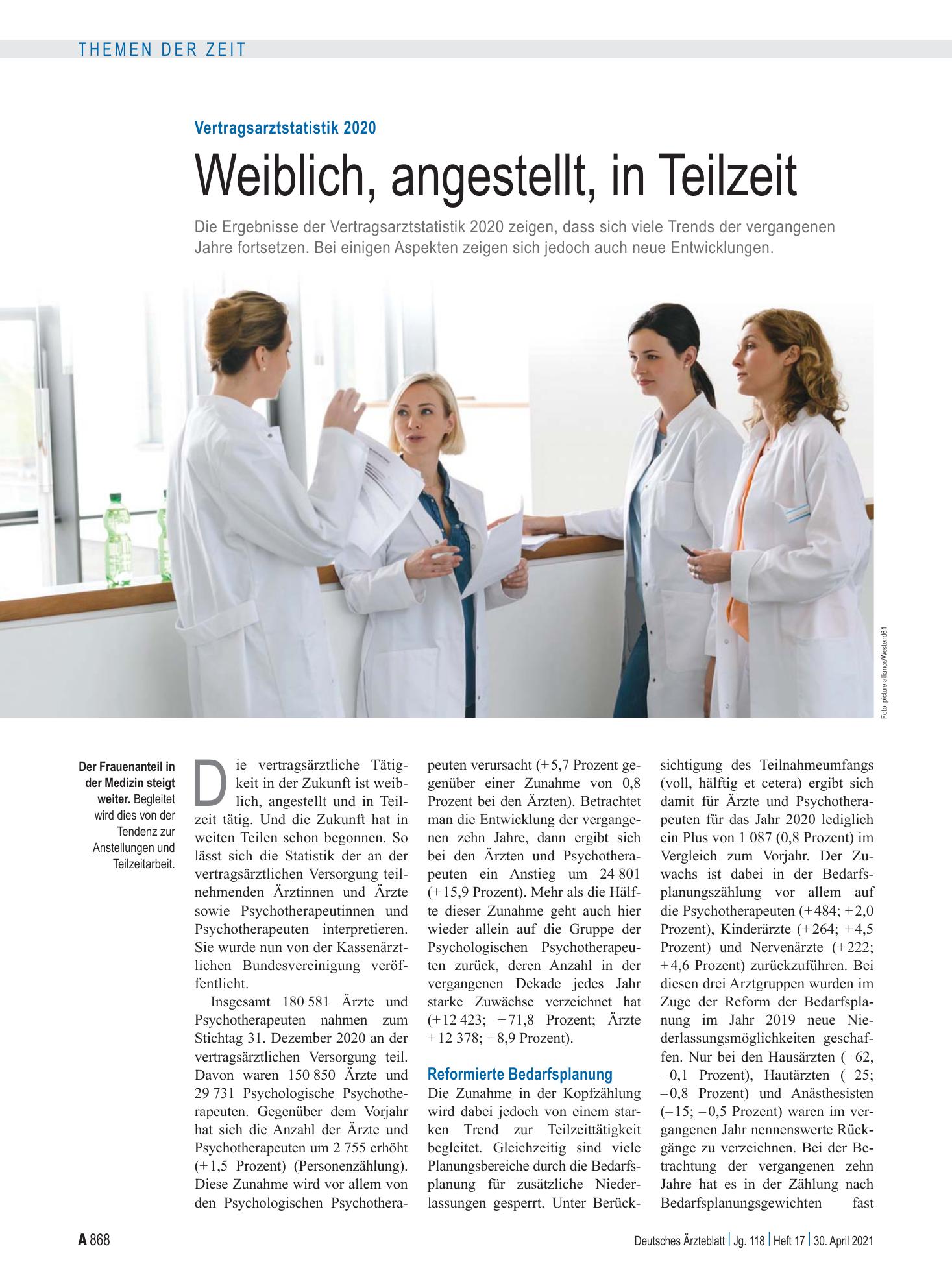 Vorschauseite 1: Vertragsarztstatistik 2020: Weiblich, angestellt, in Teilzeit – Deutsches Ärzteblatt