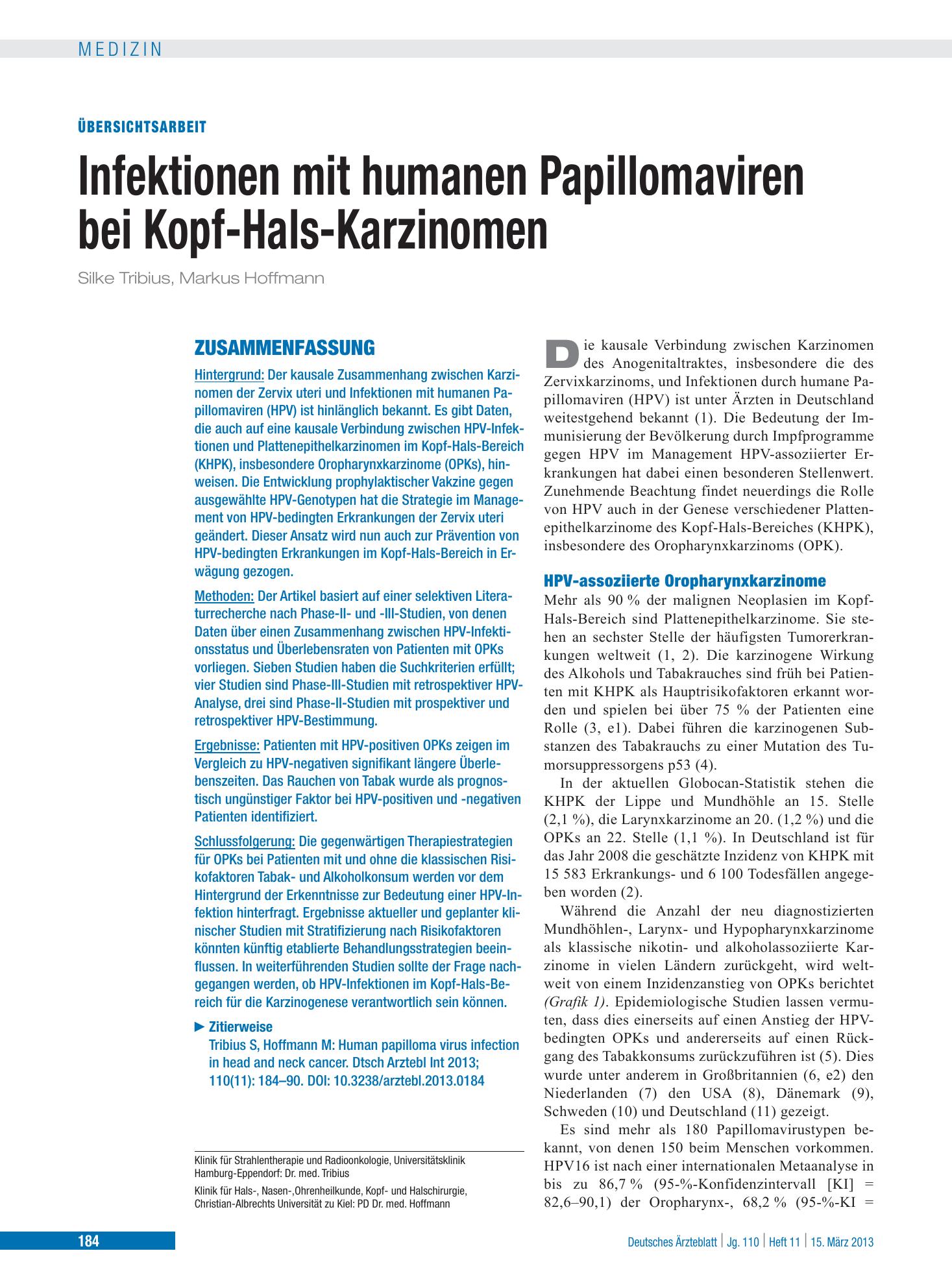 Vorschauseite 1: Infektionen mit humanen Papillomaviren bei Kopf-Hals-Karzinomen – Deutsches Ärzteblatt
