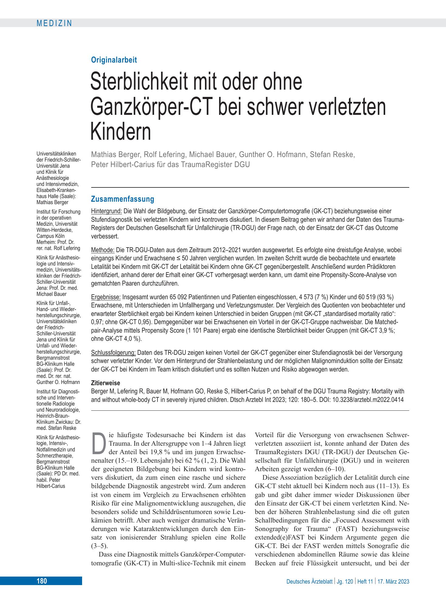 Vorschauseite 1: Sterblichkeit mit oder ohne Ganzkörper-CT bei schwer verletzten Kindern – Deutsches Ärzteblatt