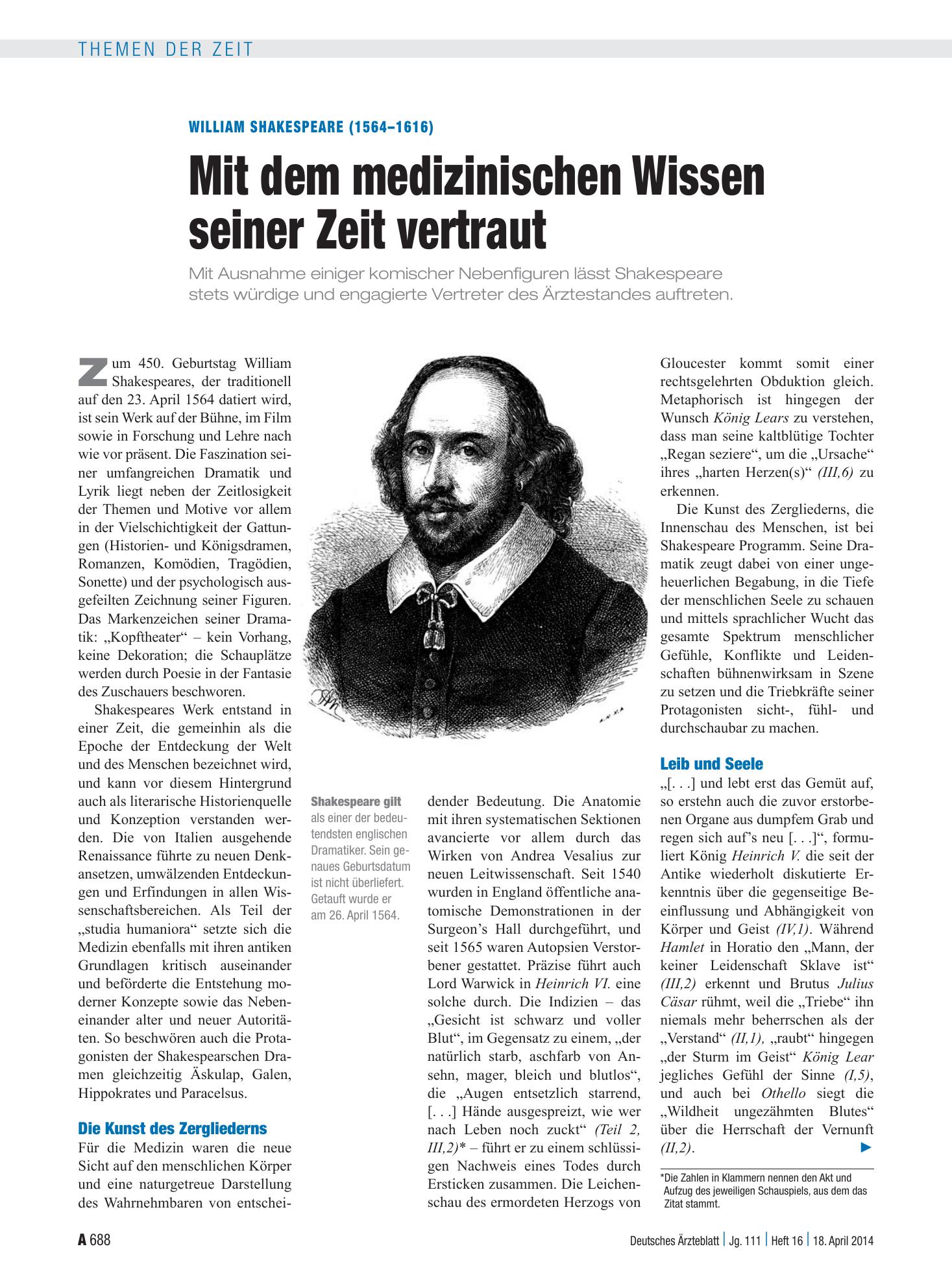 Vorschauseite 1: William Shakespeare (1564–1616): Mit dem medizinischen Wissen seiner Zeit vertraut – Deutsches Ärzteblatt