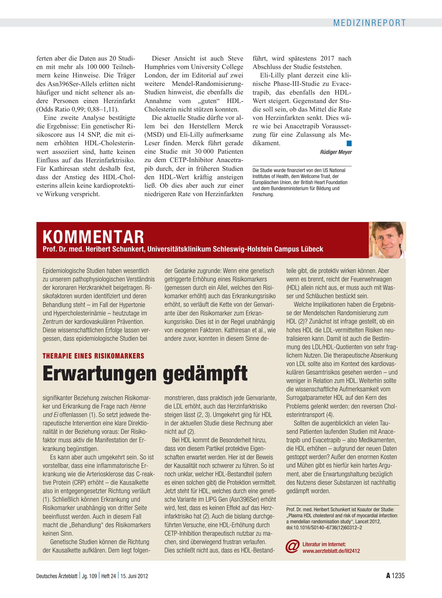 Vorschauseite 1: Kommentar: Therapie eines Risikomarkers – Erwartungen gedämpft – Deutsches Ärzteblatt
