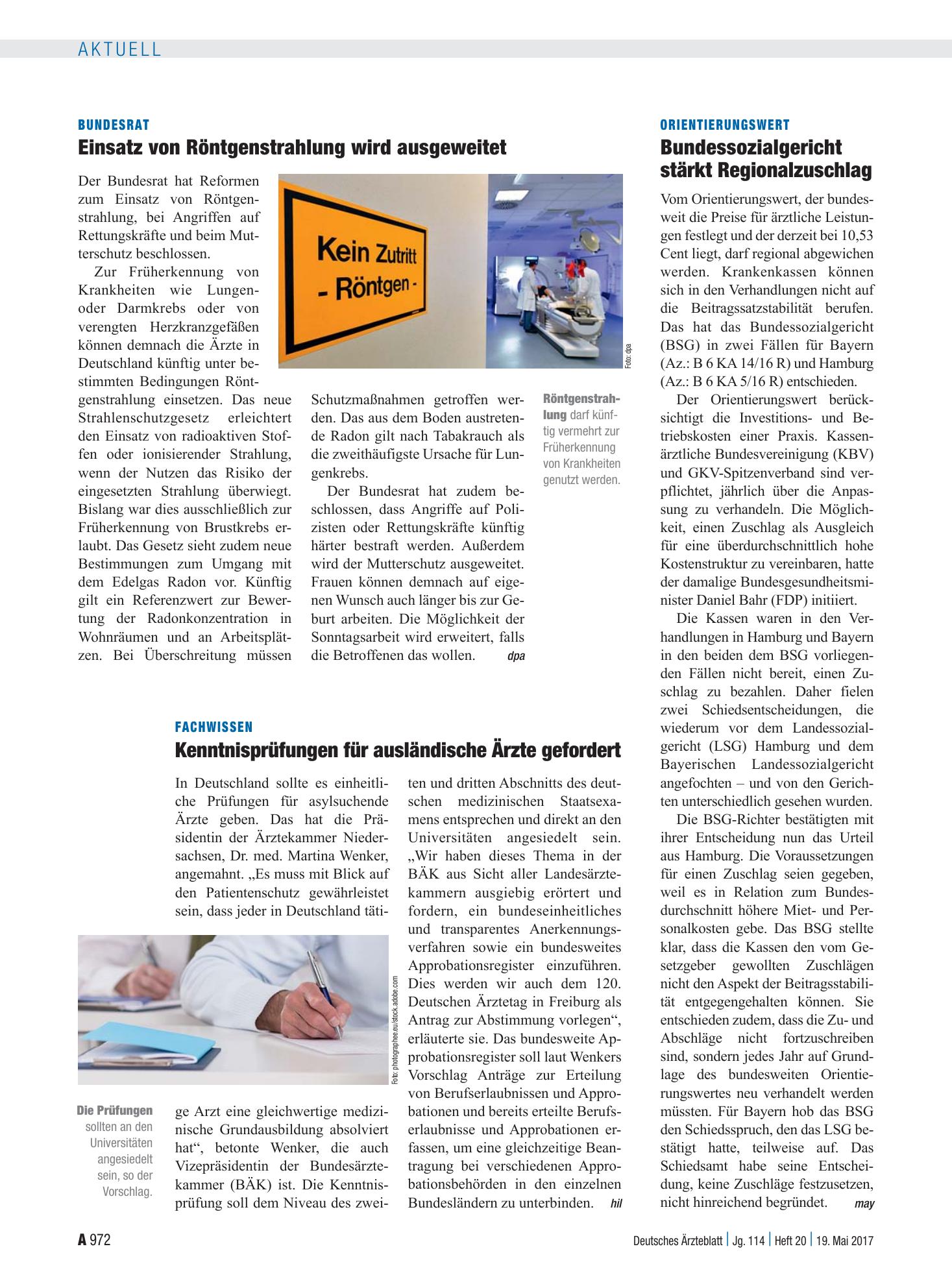 Vorschauseite 1: Bundesrat: Einsatz von Röntgenstrahlung wird ausgeweitet – Deutsches Ärzteblatt