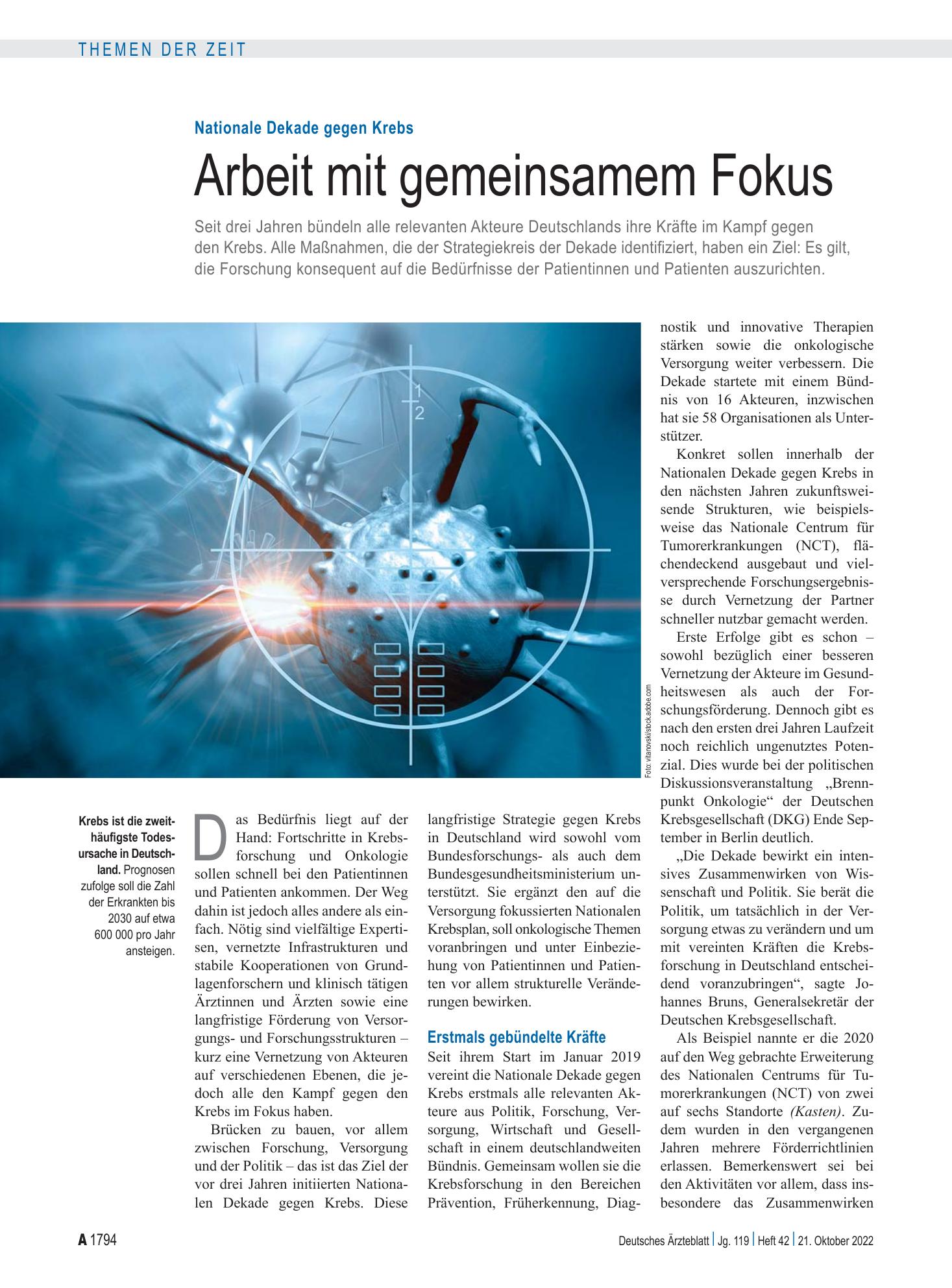 Vorschauseite 1: Nationale Dekade gegen Krebs: Arbeit mit gemeinsamem Fokus – Deutsches Ärzteblatt