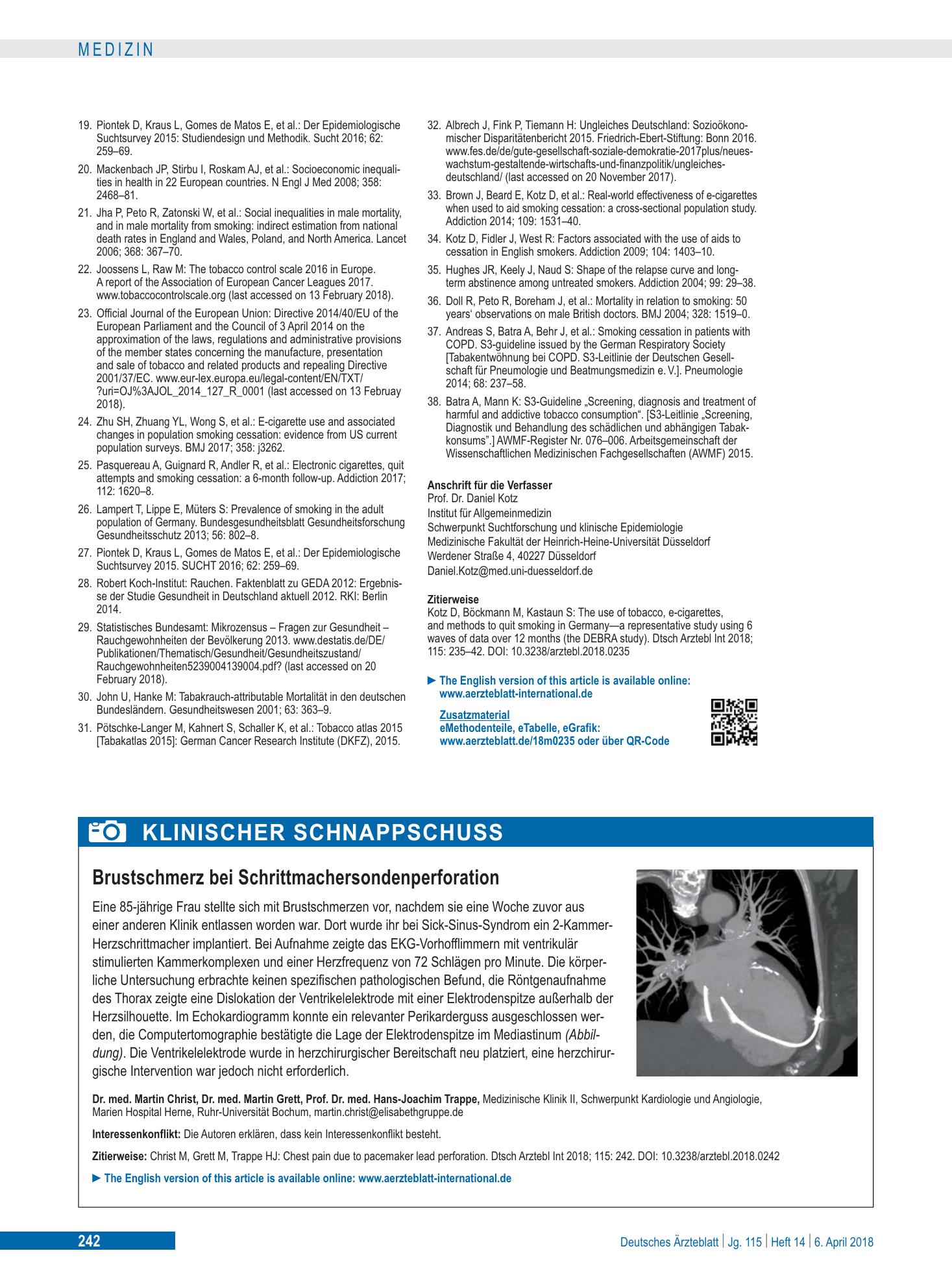 Vorschauseite 1: Brustschmerz bei Schrittmachersondenperforation – Deutsches Ärzteblatt