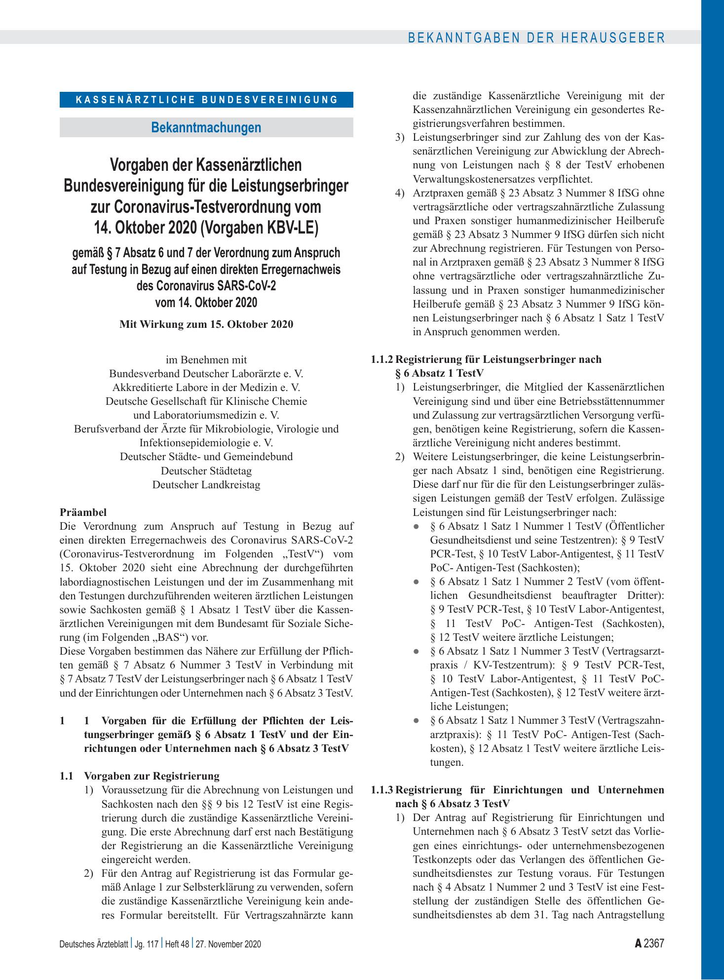 Vorschauseite 1: Vorgaben der Kassenärztlichen Bundesvereinigung für die Leistungserbringer zur Coronavirus-Testverordnung vom 14. Oktober 2020 (Vorgaben KBV-LE) gemäß § 7 Absatz 6 und 7 der Veror…