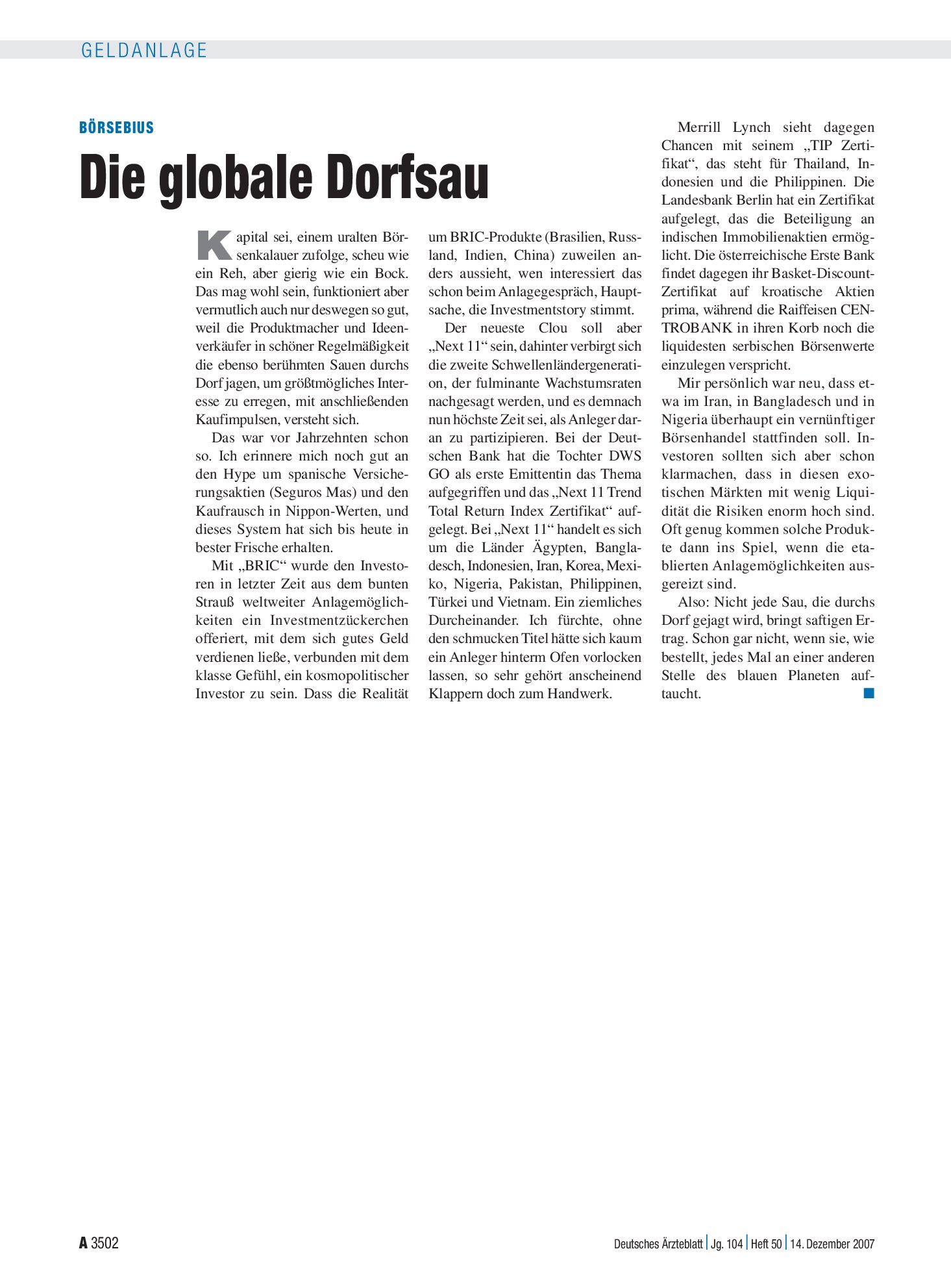 Vorschauseite 1: Die globale Dorfsau – Deutsches Ärzteblatt