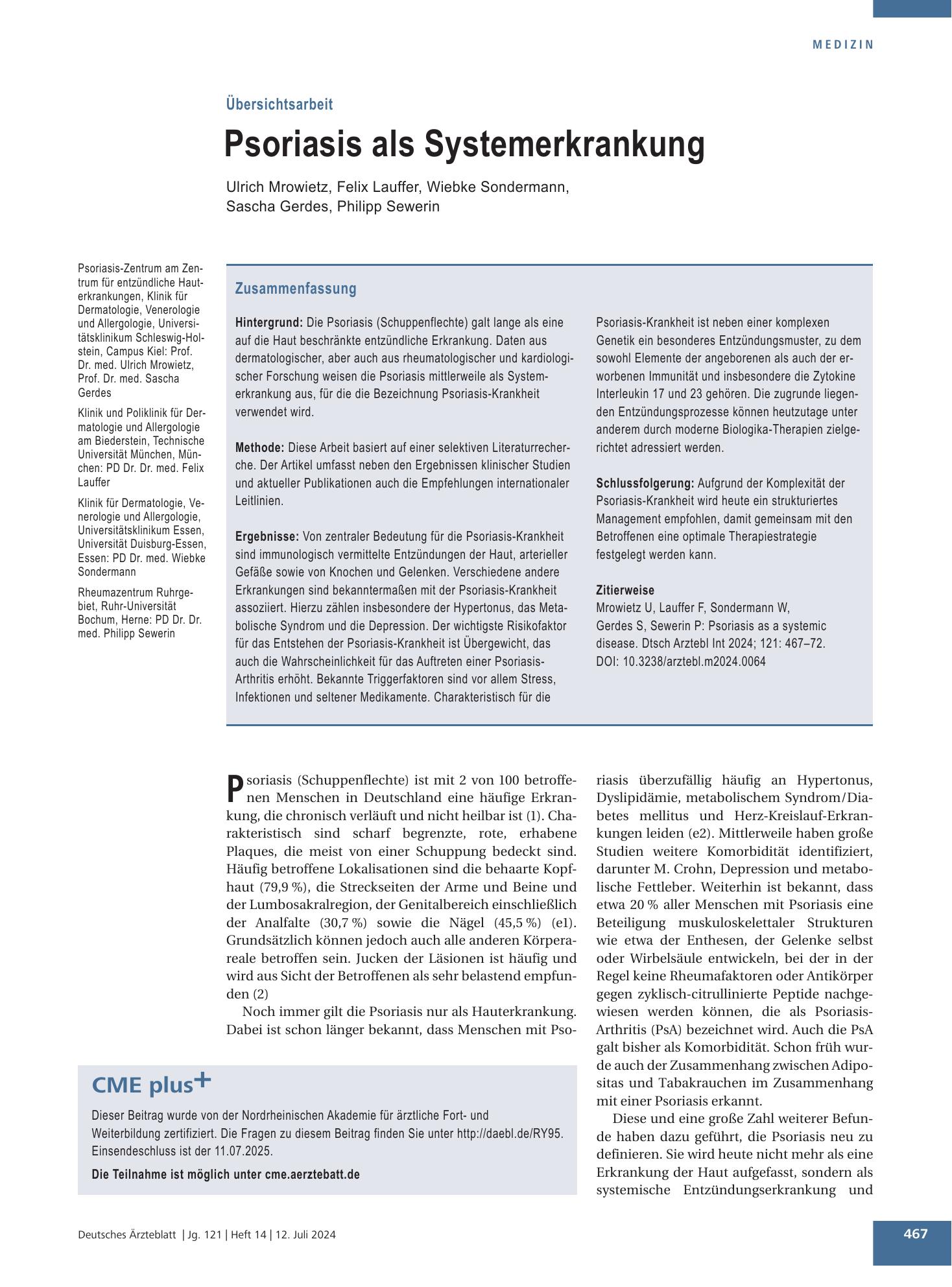 Vorschauseite 1: Psoriasis als Systemerkrankung – Deutsches Ärzteblatt