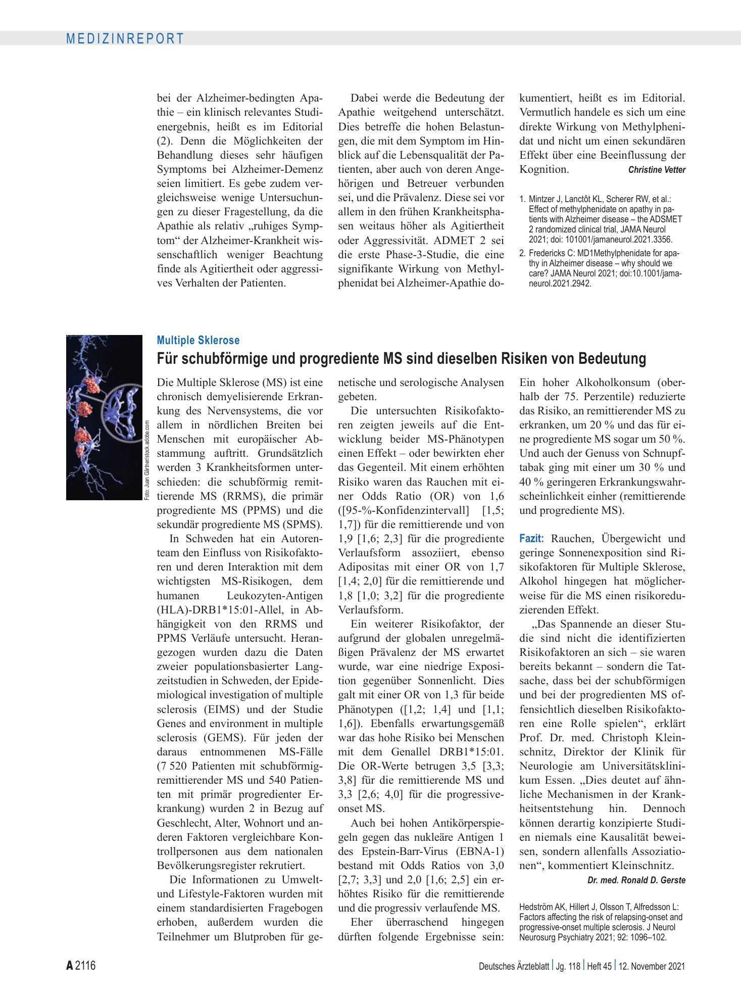Vorschauseite 1: Multiple Sklerose: Für schubförmige und progrediente MS sind dieselben Risiken von Bedeutung – Deutsches Ärzteblatt