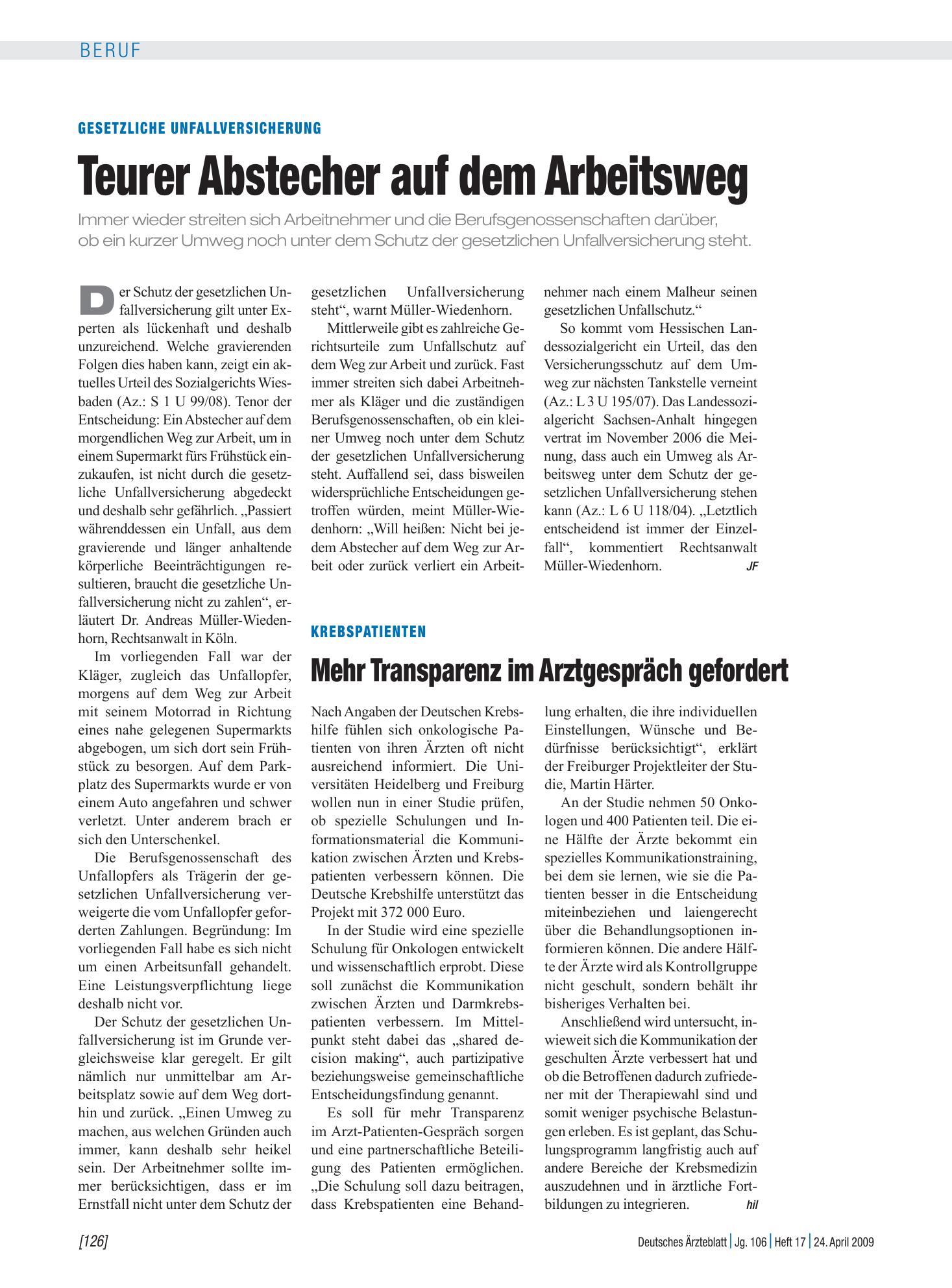 Vorschauseite 1: Gesetzliche Unfallversicherung: Teurer Abstecher auf dem Arbeitsweg – Deutsches Ärzteblatt