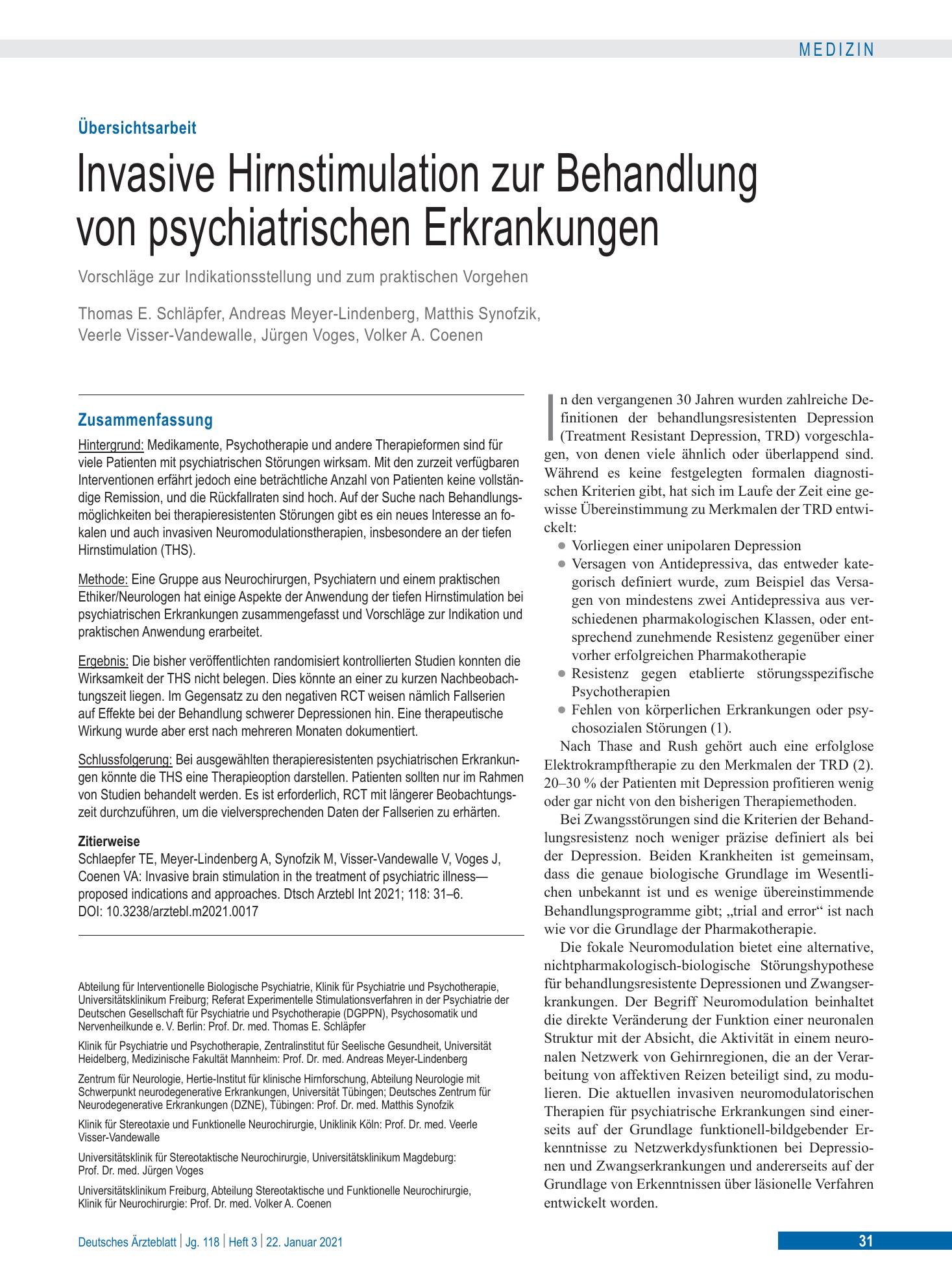 Vorschauseite 1: Invasive Hirnstimulation zur Behandlung von psychiatrischen Erkrankungen – Deutsches Ärzteblatt