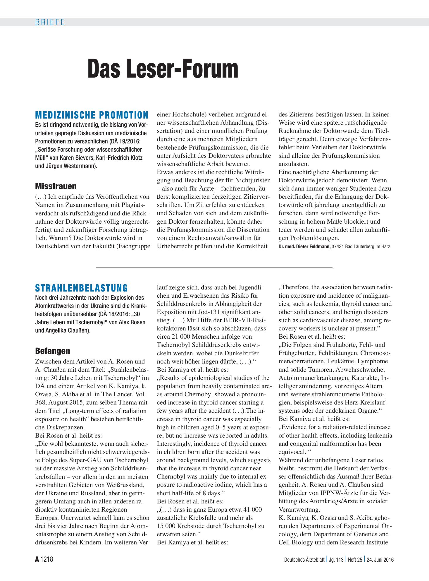 Vorschauseite 1: Strahlenbelastung: Befangen – Deutsches Ärzteblatt