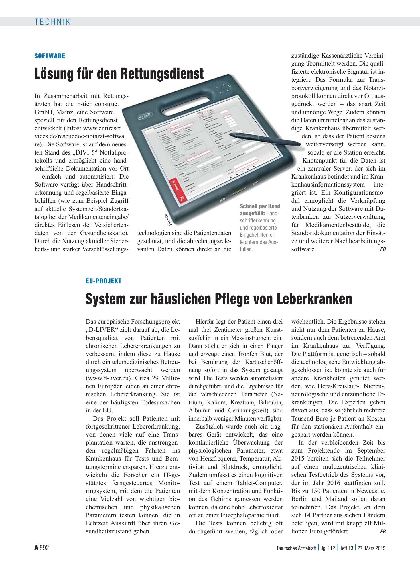 Vorschauseite 1: Software: Lösung für den Rettungsdienst – Deutsches Ärzteblatt