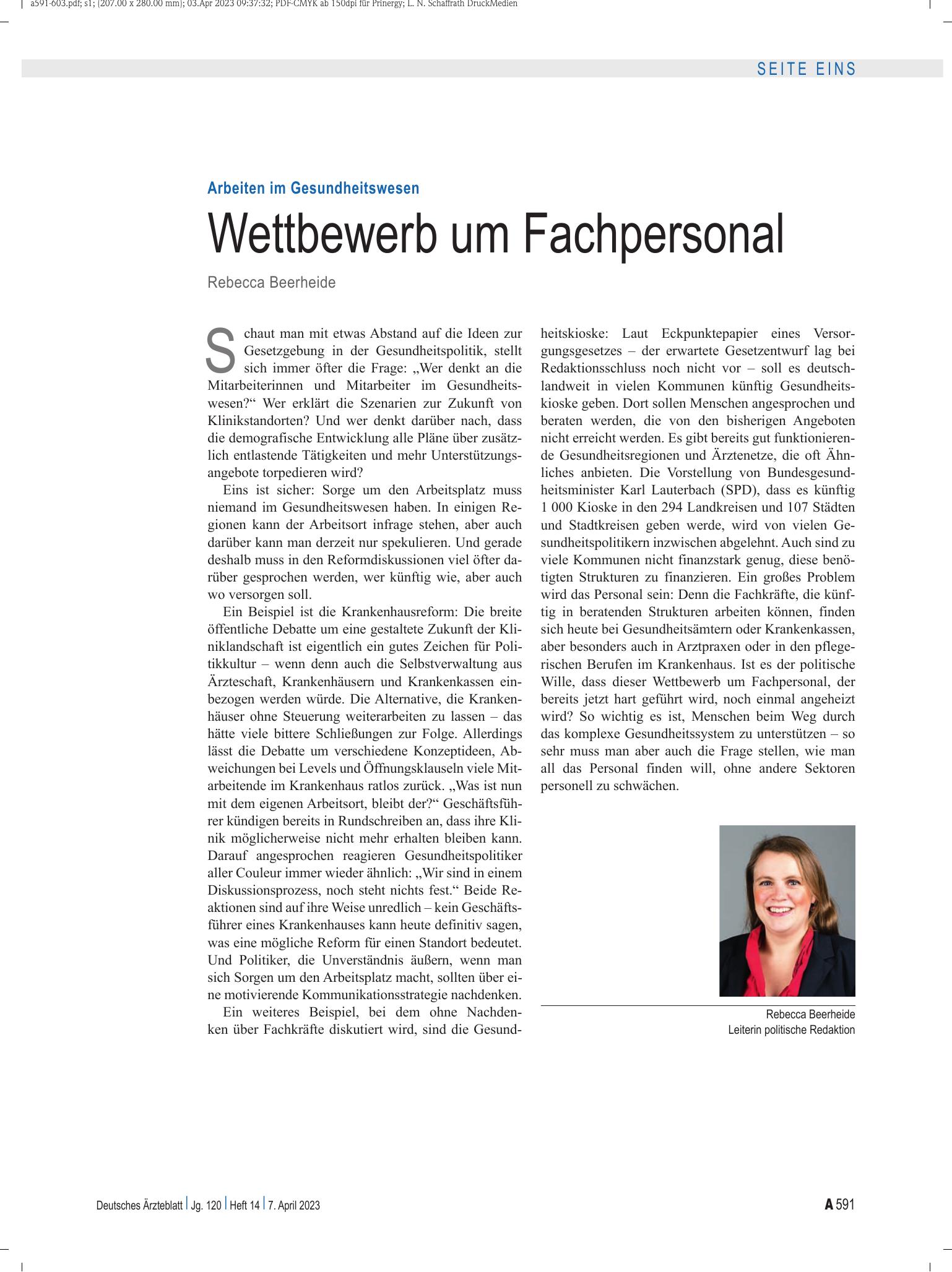 Vorschauseite 1: Arbeiten im Gesundheitswesen: Wettbewerb um Fachpersonal – Deutsches Ärzteblatt