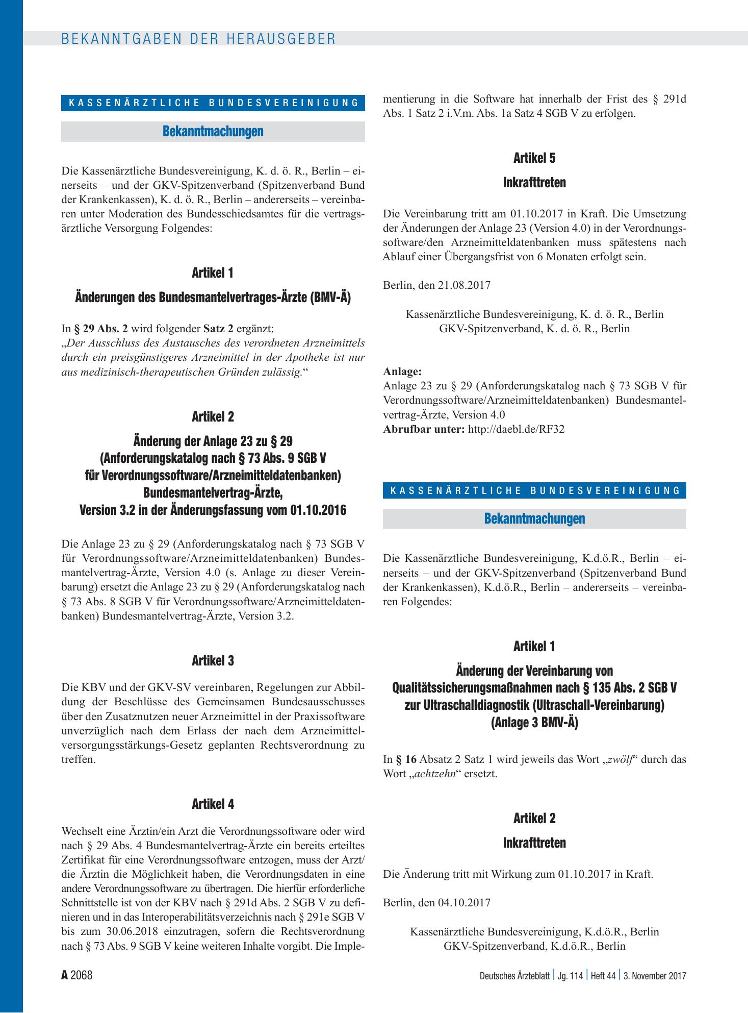 Vorschauseite 1: Artikel 1: Änderungen des Bundesmantelvertrages-Ärzte (BMV-Ä) Artikel 2, Artikel 3, Artikel 4, Artikel 5 und Inkrafttreten – Deutsches Ärzteblatt