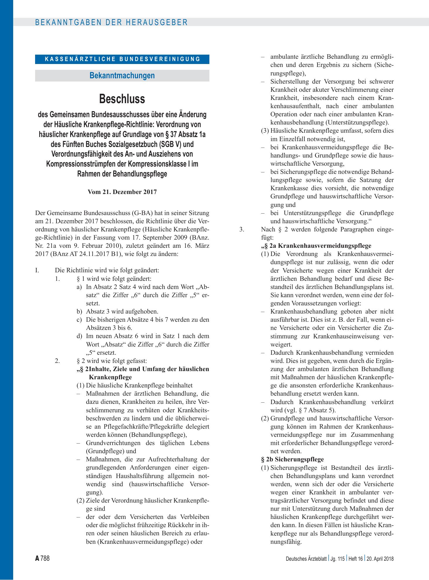 Vorschauseite 1: Beschluss des Gemeinsamen Bundesausschusses über eine Änderung der Häusliche Krankenpflege-Richtlinie: Verordnung von häuslicher Krankenpflege auf Grundlage von § 37 Absatz 1a – D…