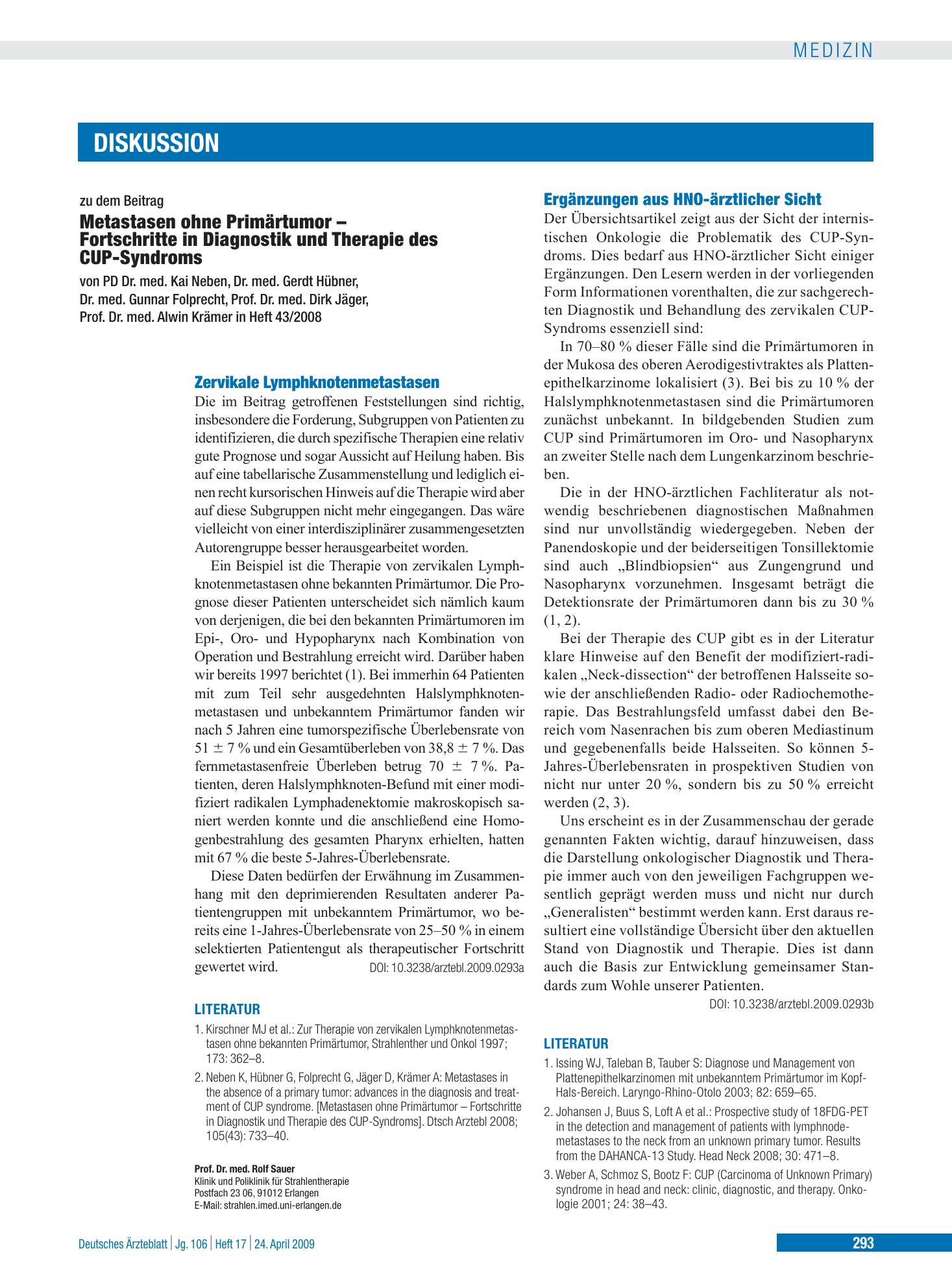 Vorschauseite 1: Metastasen ohne Primärtumor – Fortschritte in Diagnostik und Therapie des CUP-Syndroms: Ergänzungen aus HNO-ärztlicher Sicht – Deutsches Ärzteblatt