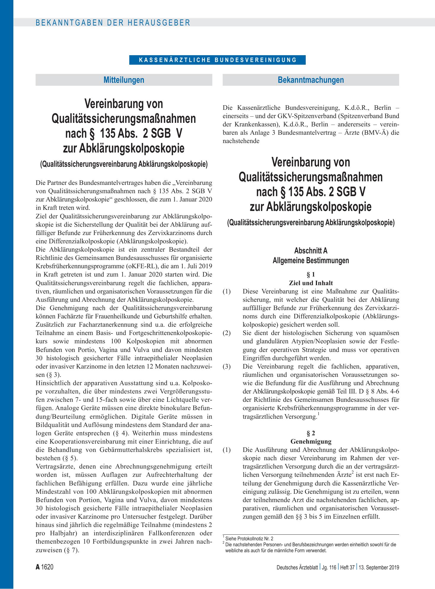 Vorschauseite 1: Vereinbarung von Qualitätssicherungsmaßnahmen nach § 135 Abs. 2 SGB V zur Abklärungskolposkopie (Qualitätssicherungsvereinbarung Abklärungskolposkopie): Abschnitt A, Abschnitt B,…