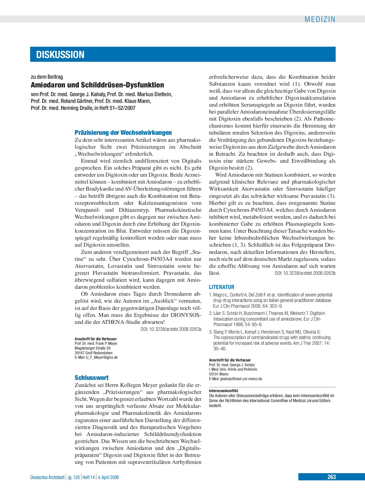 Vorschauseite 1: Amiodaron und Schilddrüsen-Dysfunktion: Schlusswort – Deutsches Ärzteblatt